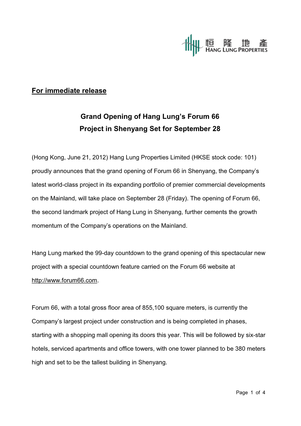 Grand Opening of Hang Lung's Forum 66 Project in Shenyang Set For