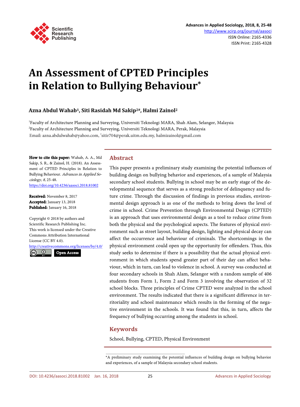 An Assessment of CPTED Principles in Relation to Bullying Behaviour*