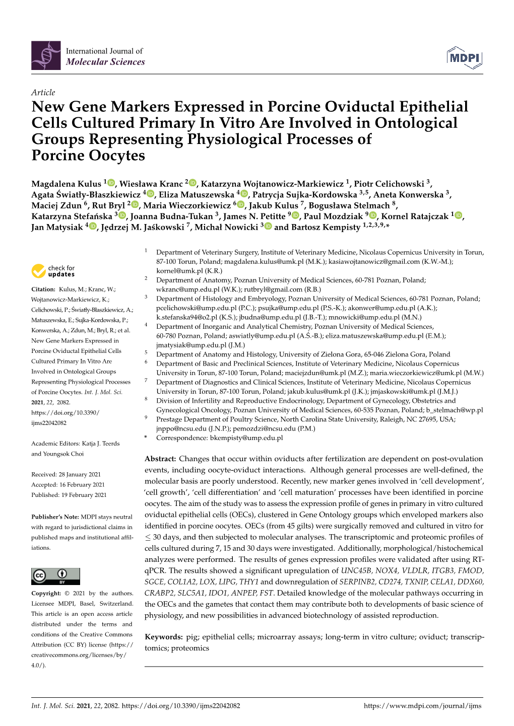 New Gene Markers Expressed in Porcine Oviductal Epithelial Cells