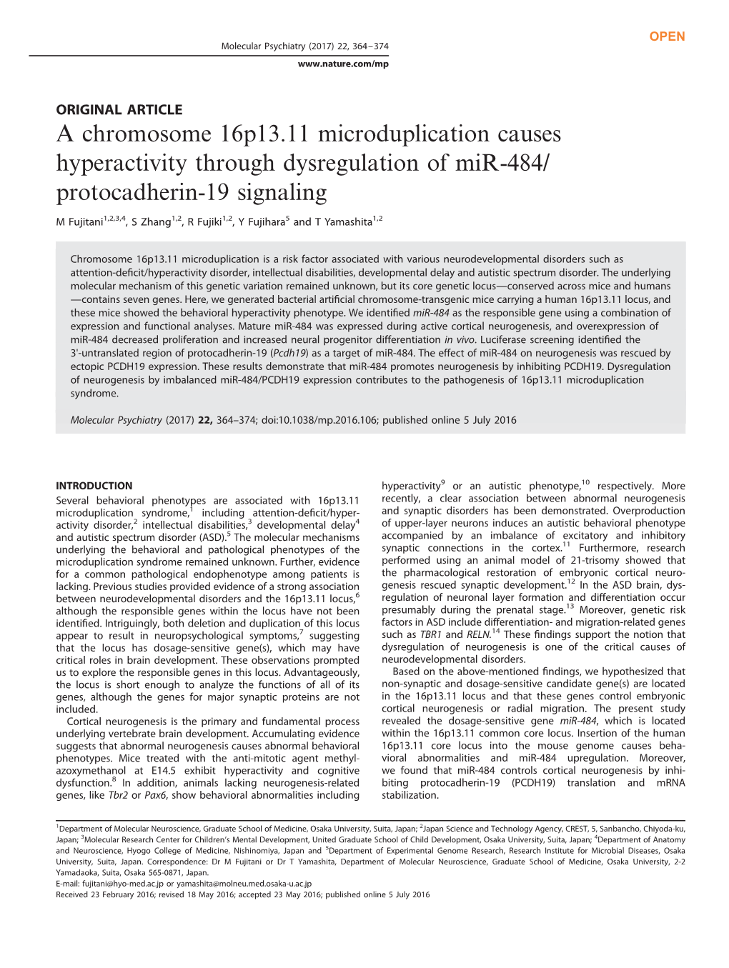 A Chromosome 16P13.11 Microduplication Causes Hyperactivity Through Dysregulation of Mir-484/ Protocadherin-19 Signaling