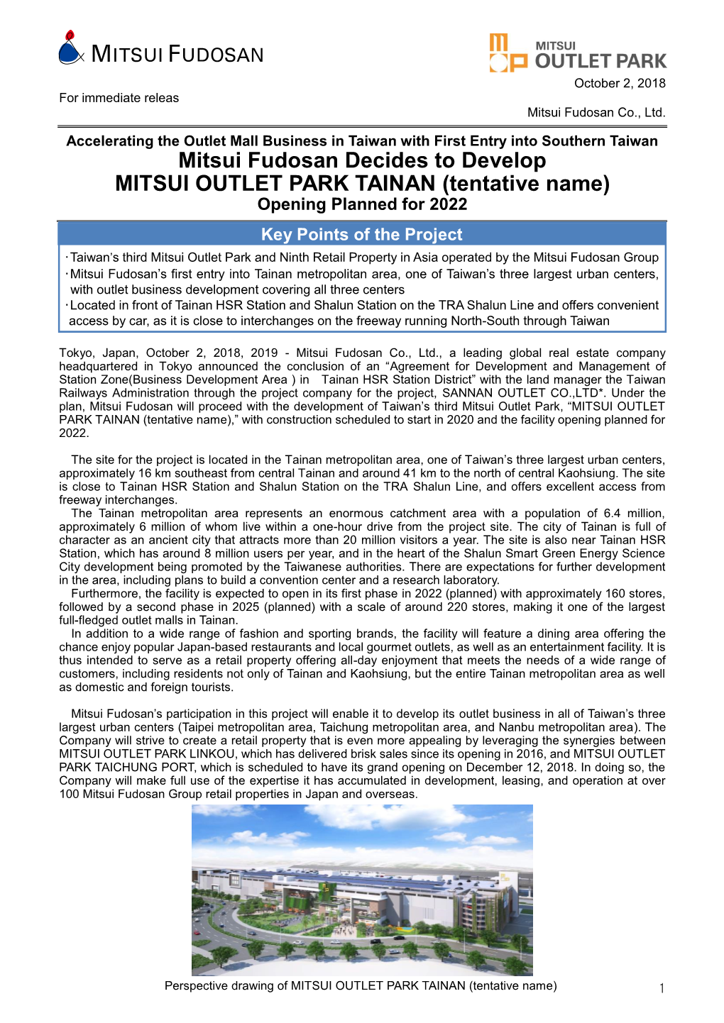 Mitsui Fudosan Decides to Develop MITSUI OUTLET PARK TAINAN (Tentative Name) Opening Planned for 2022