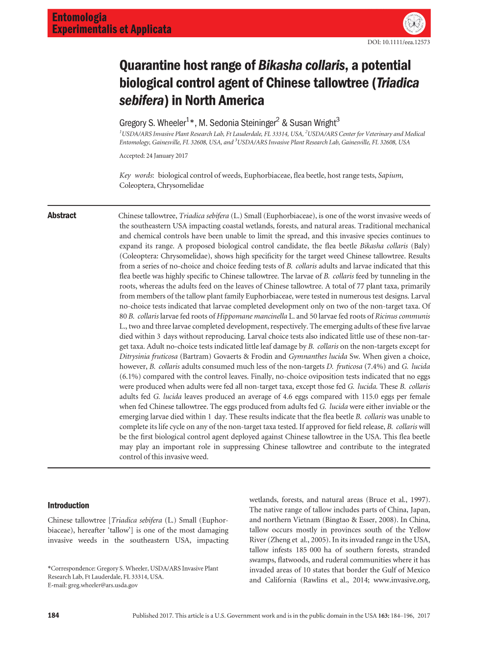 Quarantine Host Range of Bikasha Collaris, a Potential