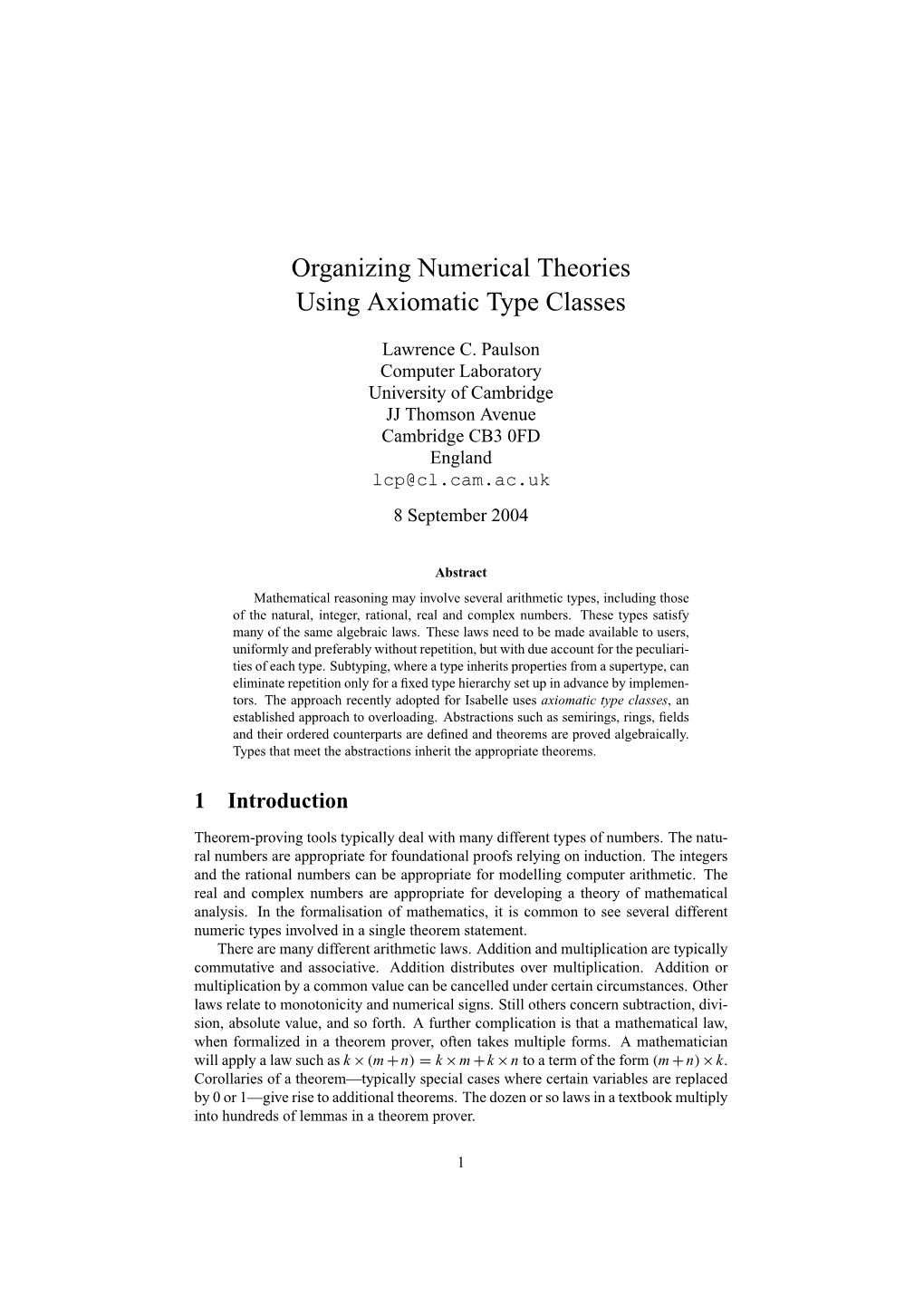Organizing Numerical Theories Using Axiomatic Type Classes
