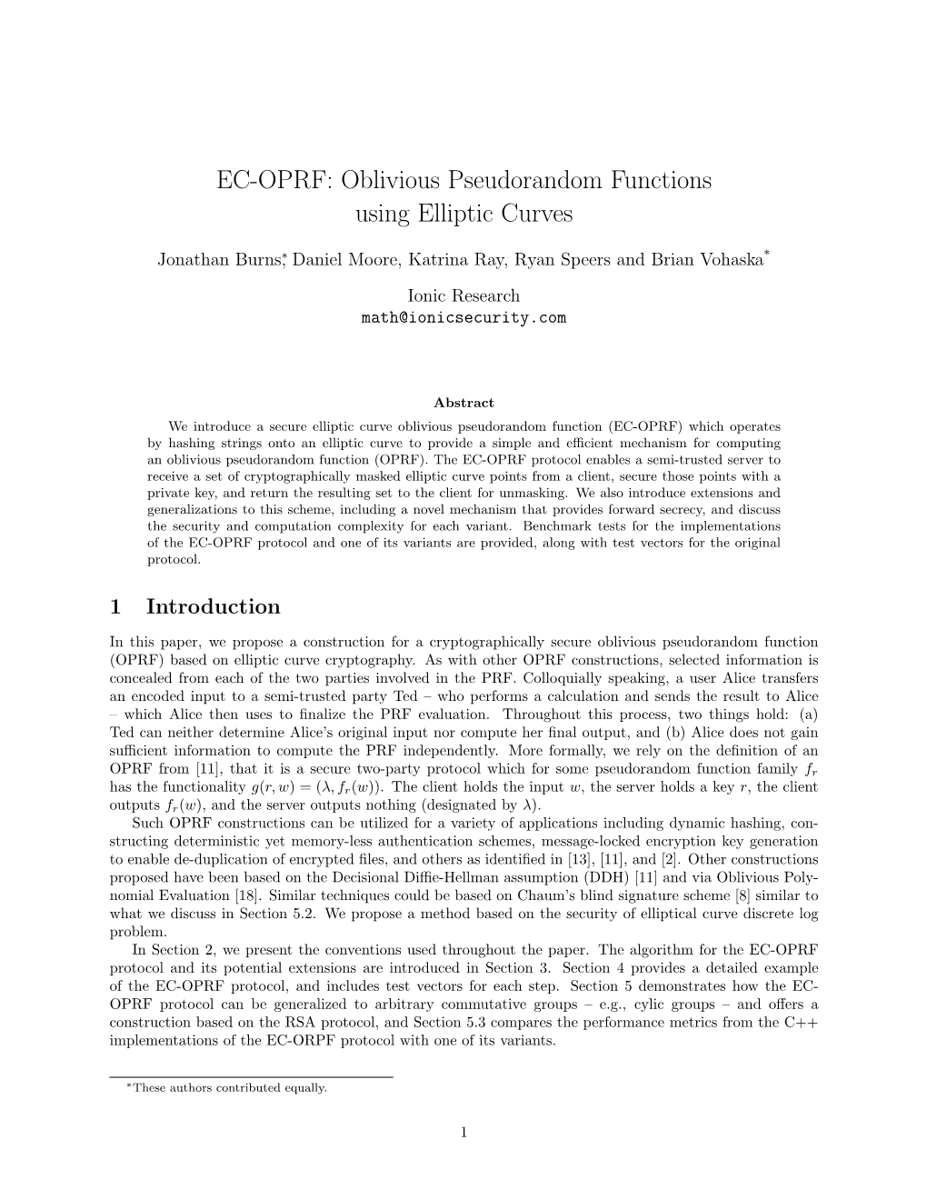 EC-OPRF: Oblivious Pseudorandom Functions Using Elliptic Curves