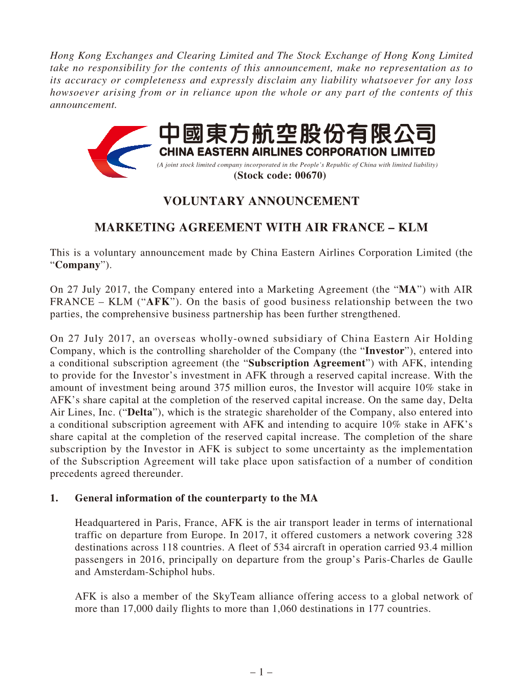 Voluntary Announcement Marketing Agreement with Air France