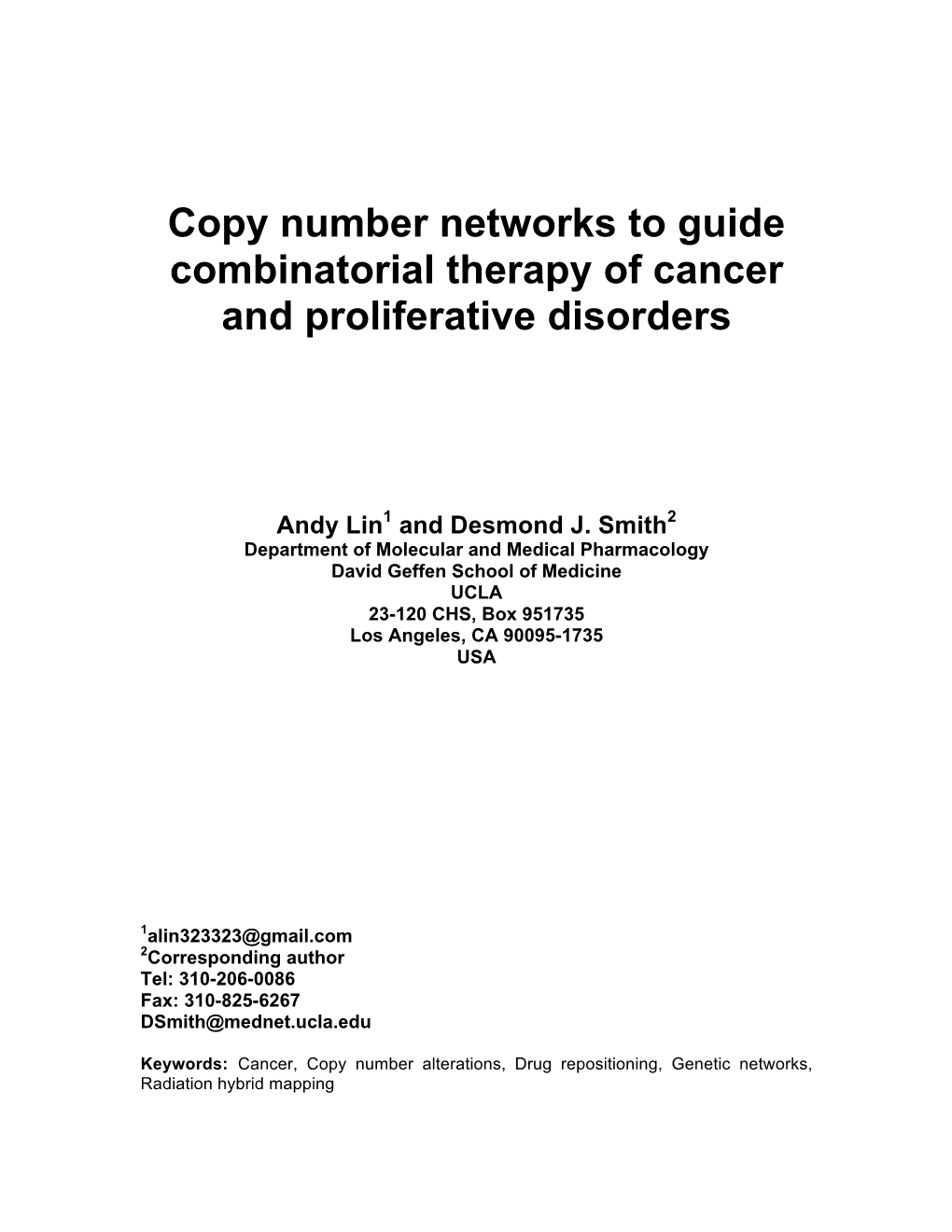 Copy Number Networks to Guide Combinatorial Therapy of Cancer and Proliferative Disorders