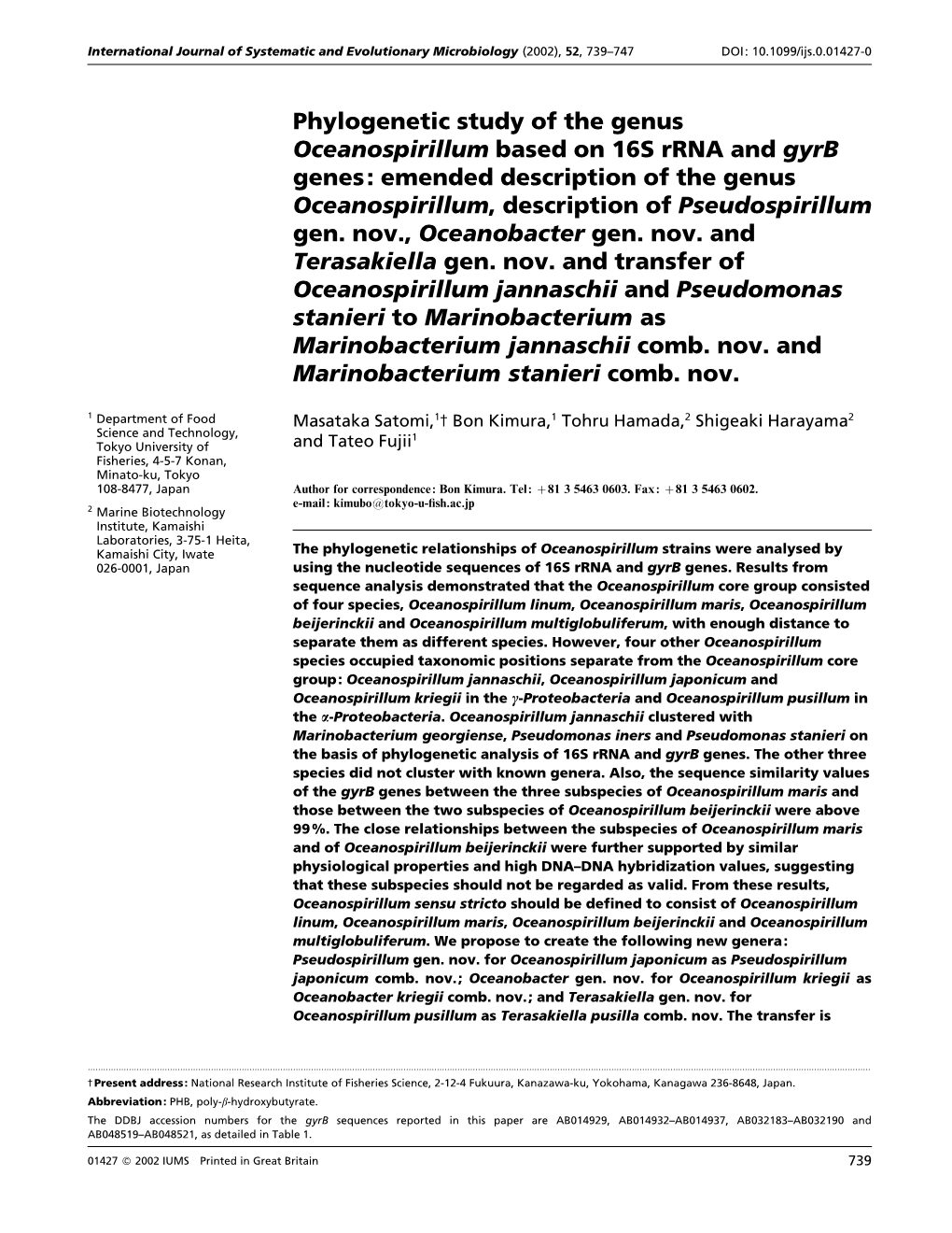 Phylogenetic Study of the Genus Oceanospirillum Based on 16S Rrna and Gyrb Genes: Emended Description of the Genus Oceanospirillum, Description of Pseudospirillum Gen