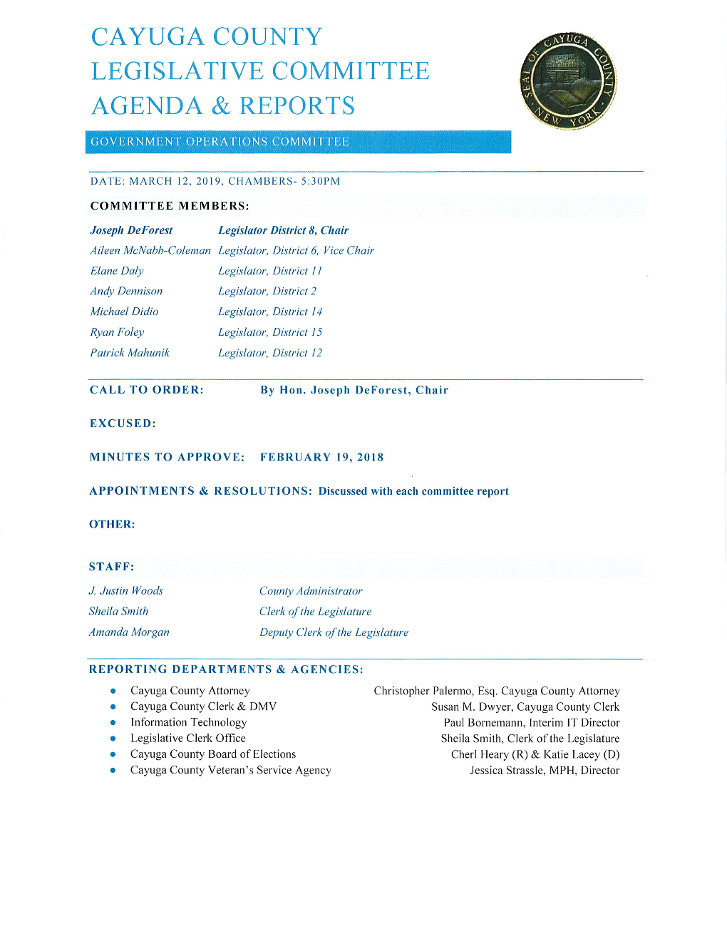 Cayuga County Legislative Comm1ttee Agenda & Reports