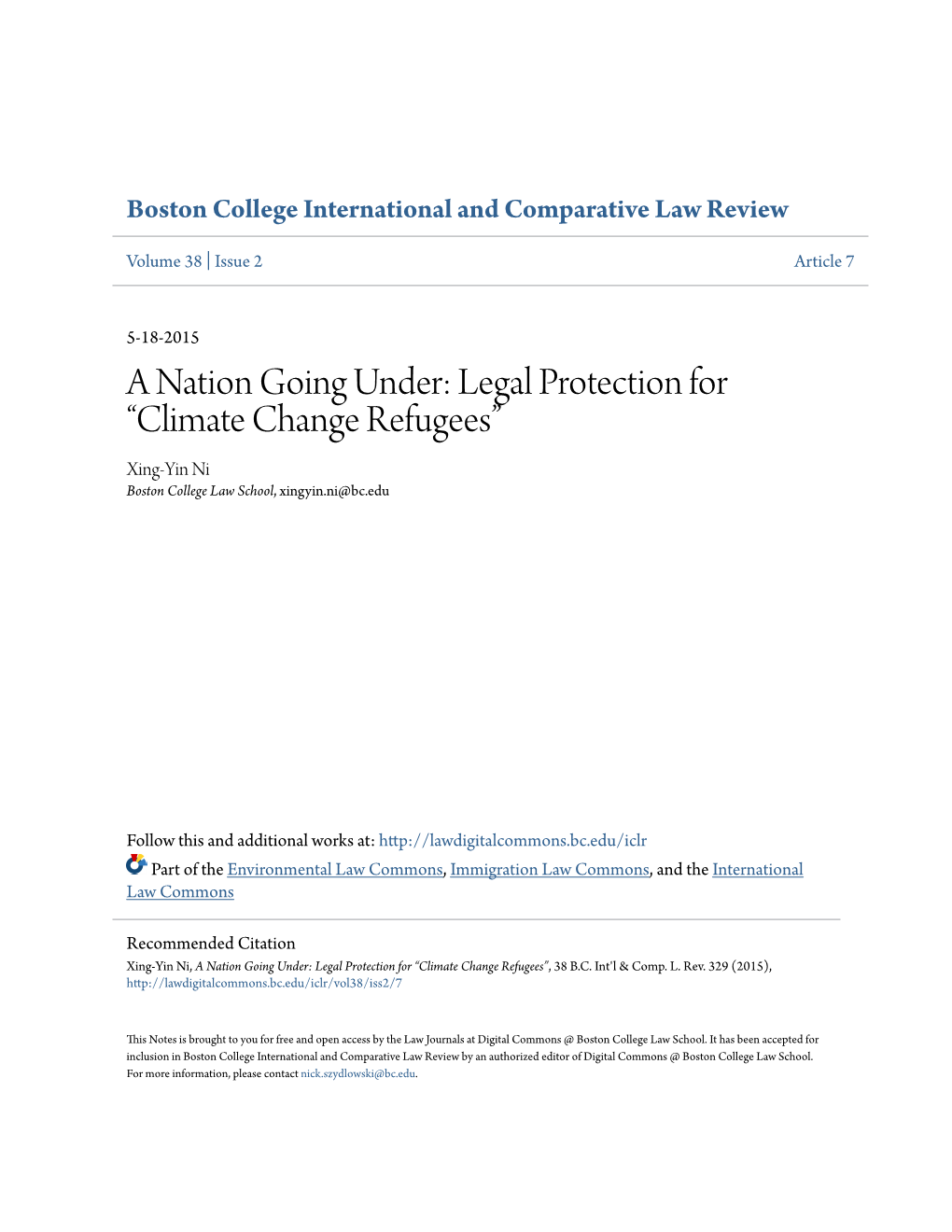 Climate Change Refugees” Xing-Yin Ni Boston College Law School, Xingyin.Ni@Bc.Edu