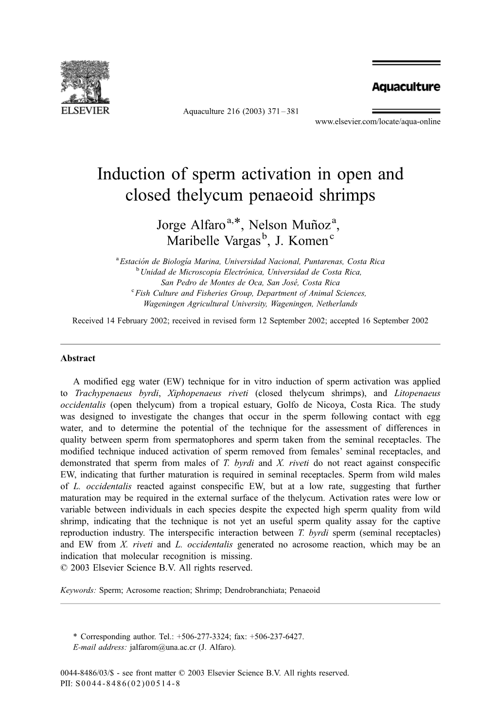 Induction of Sperm Activation in Open and Closed Thelycum Penaeoid Shrimps