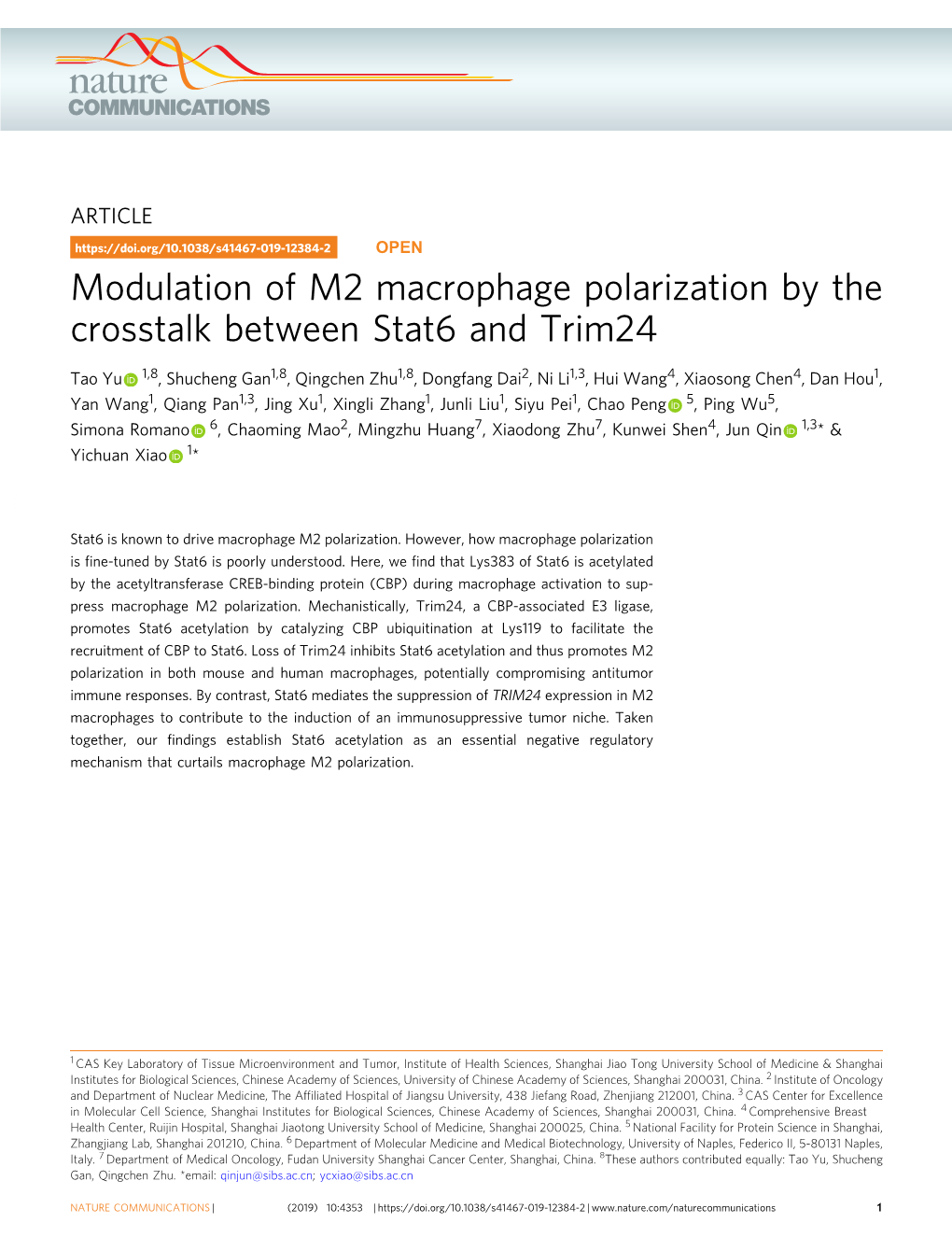 Modulation of M2 Macrophage Polarization by the Crosstalk Between Stat6 and Trim24