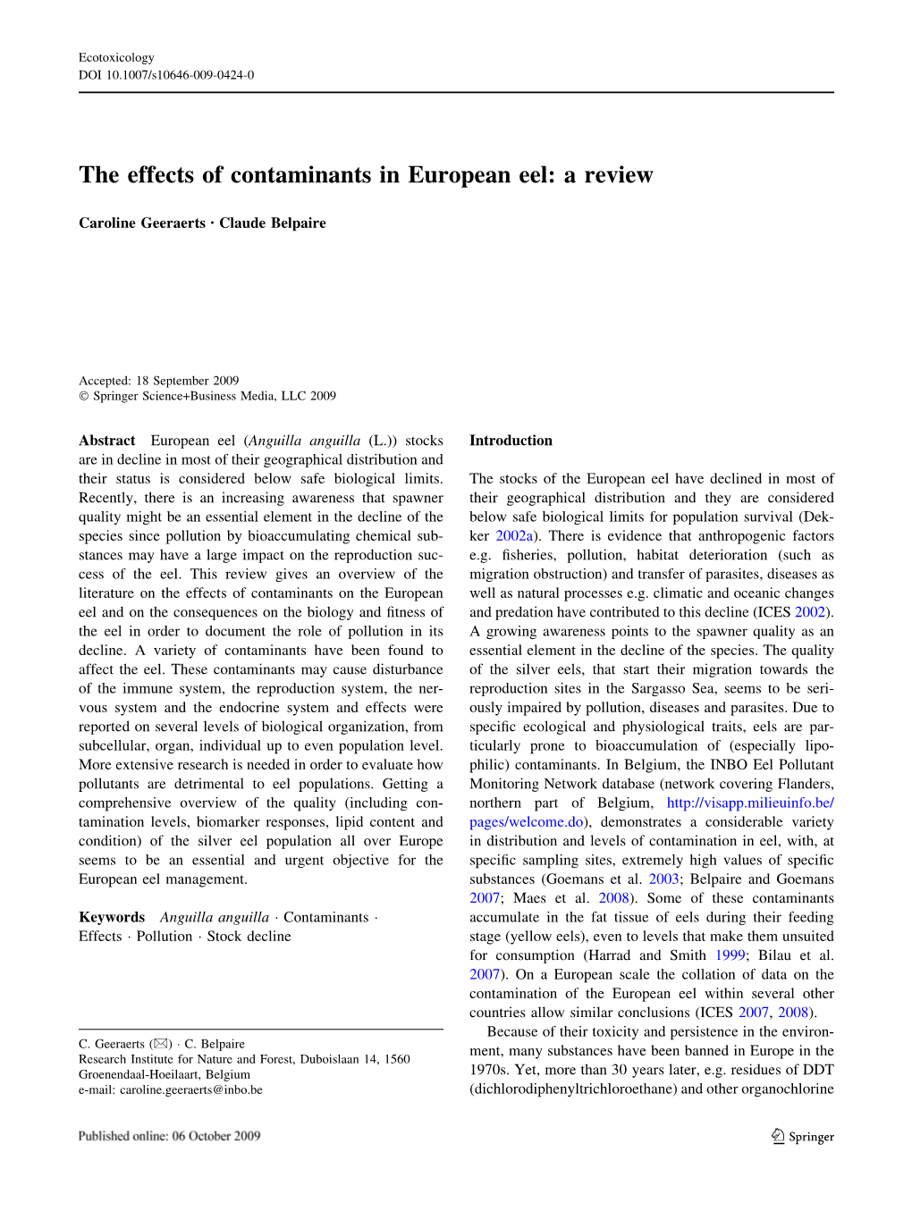 The Effects of Contaminants in European Eel: a Review