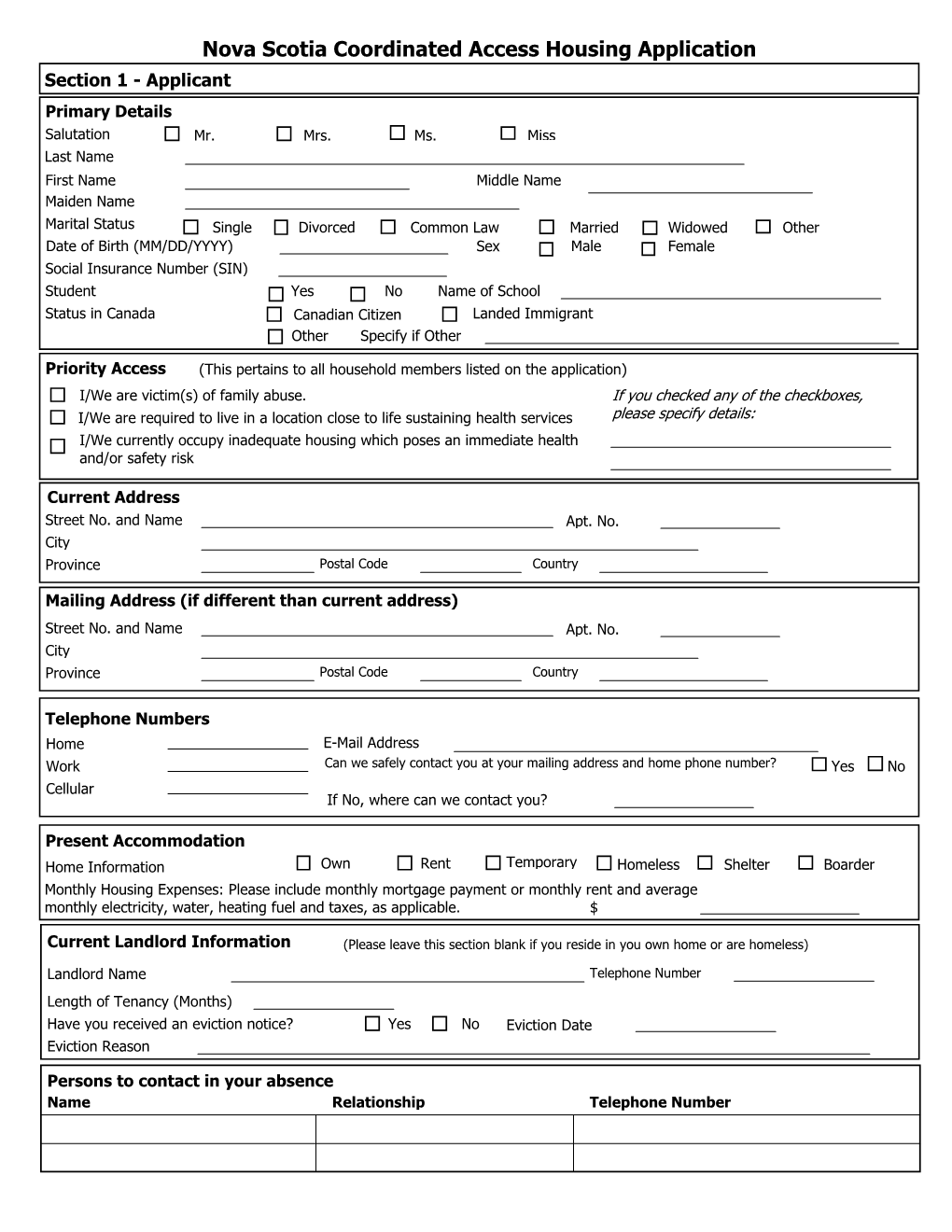 Nova Scotia Coordinated Access Housing Application Section 1 - Applicant Primary Details Salutation Mr