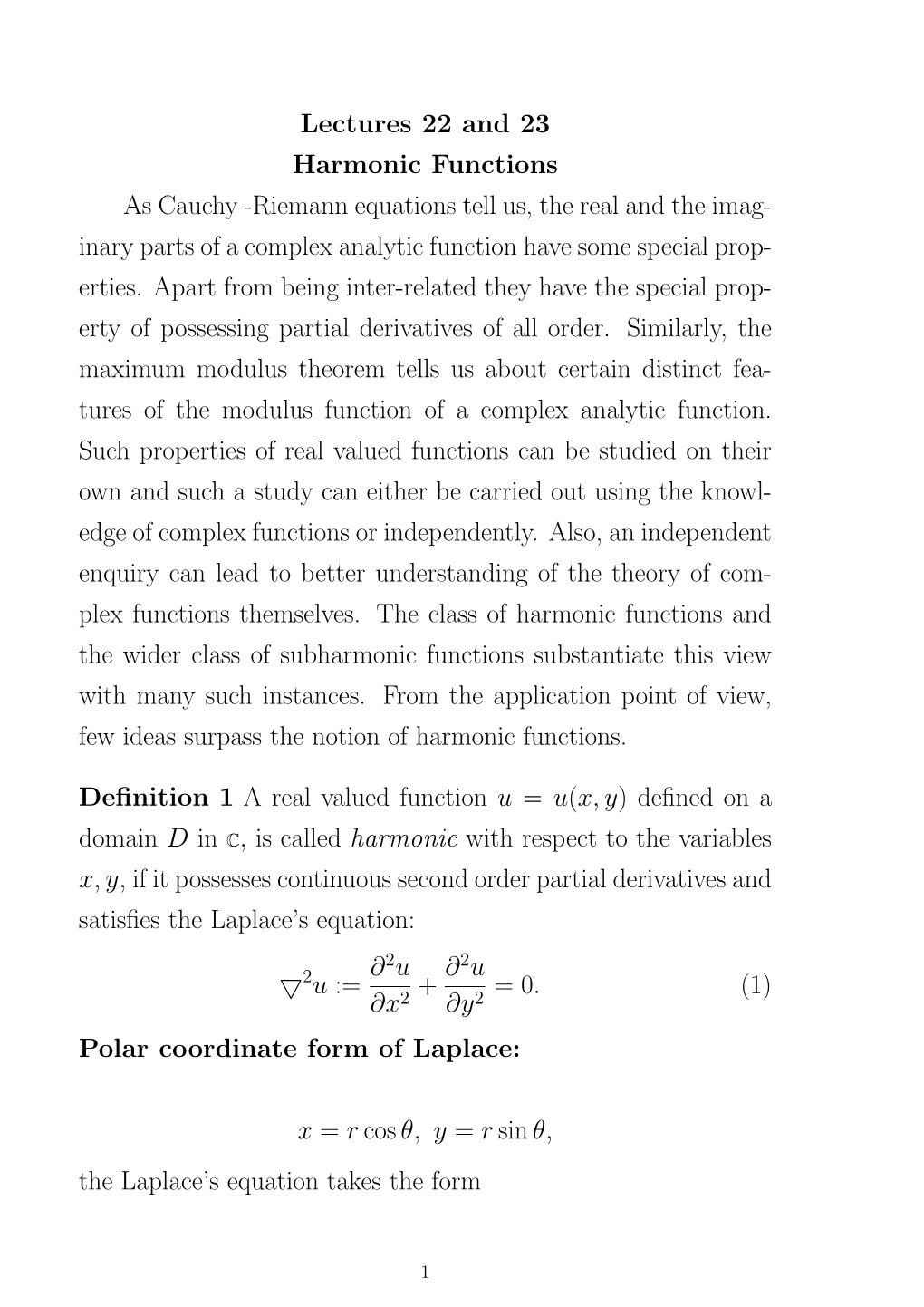 Lectures 22 and 23 Harmonic Functions As Cauchy -Riemann Equations Tell Us, the Real and the Imag