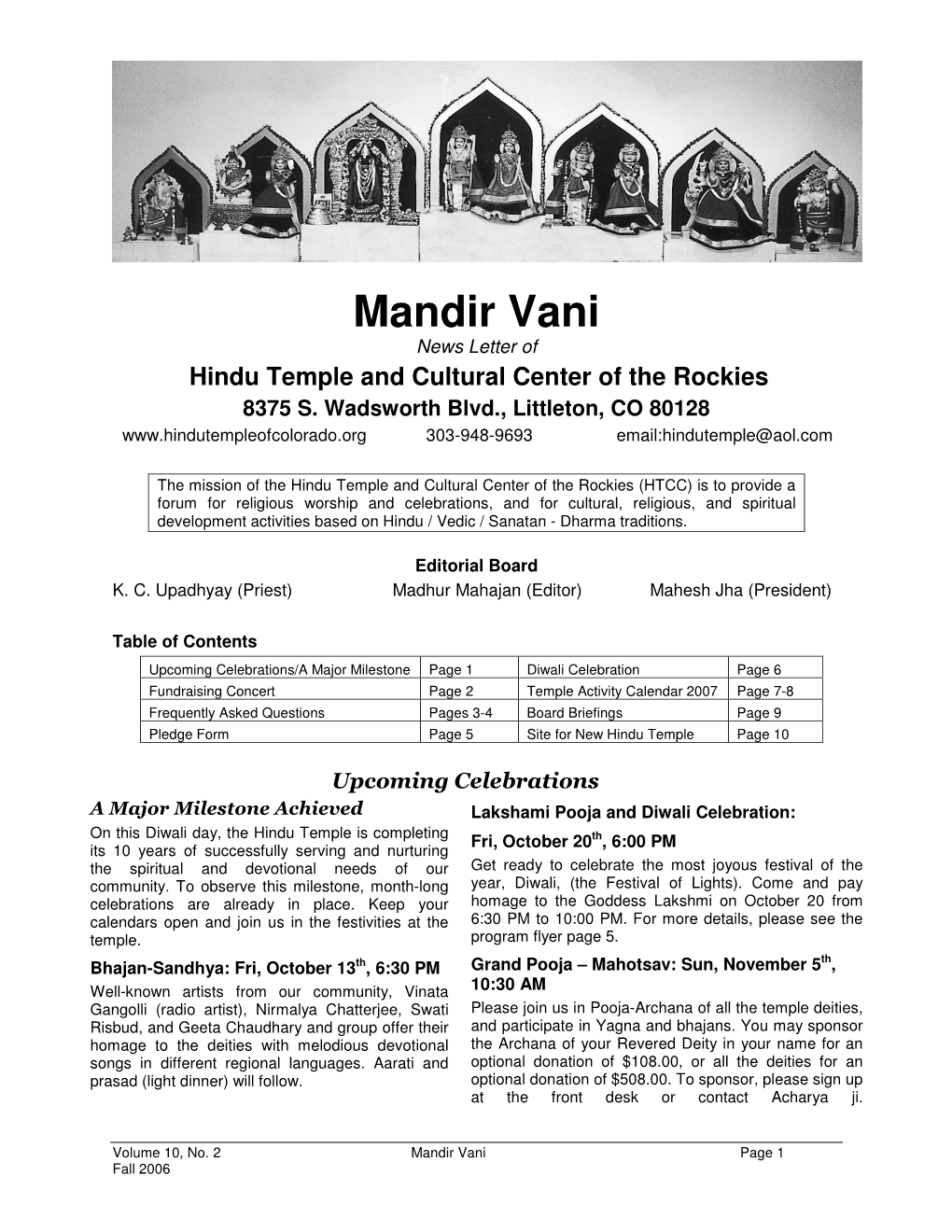 Mandir Vani News Letter of Hindu Temple and Cultural Center of the Rockies 8375 S