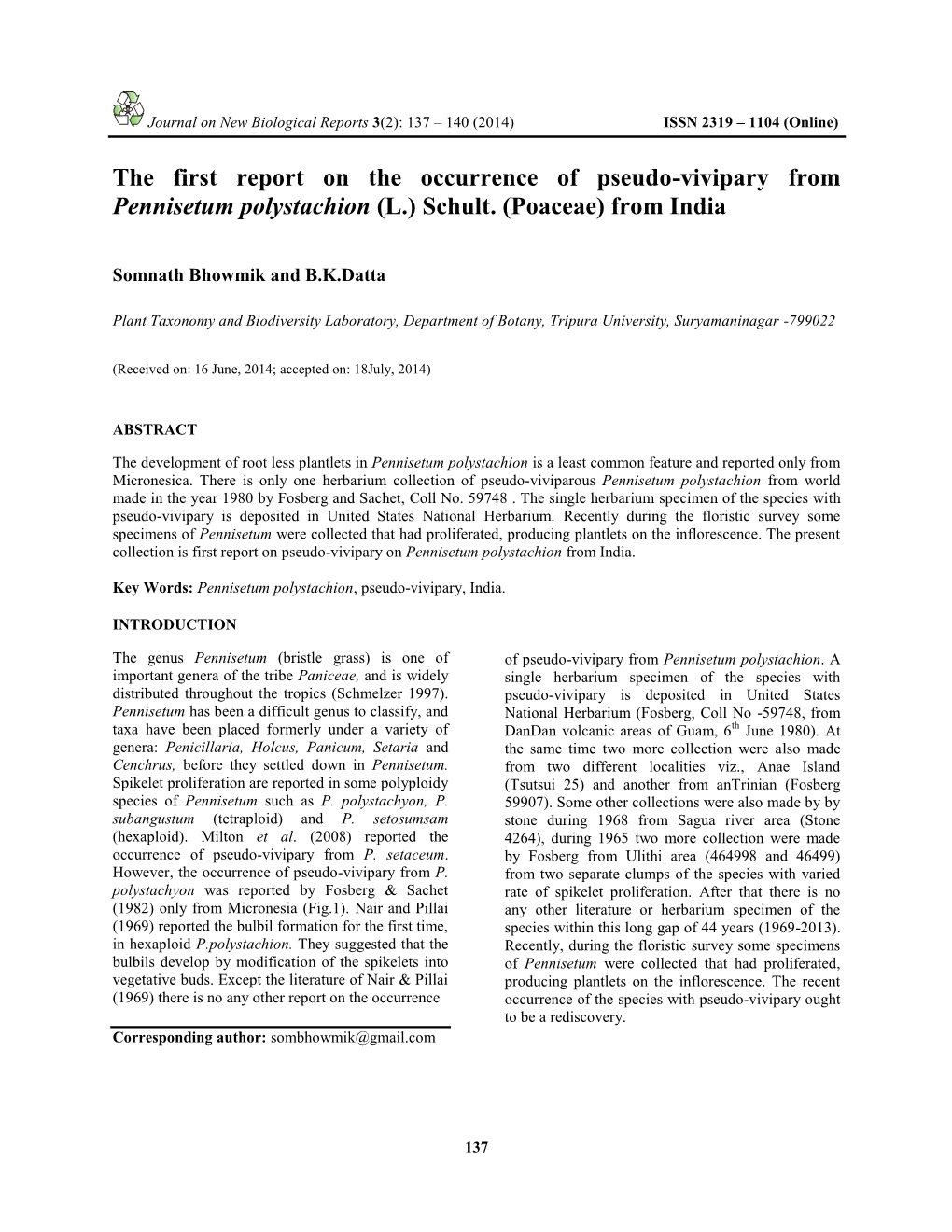 The First Report on the Occurrence of Pseudo-Vivipary from Pennisetum Polystachion (L.) Schult