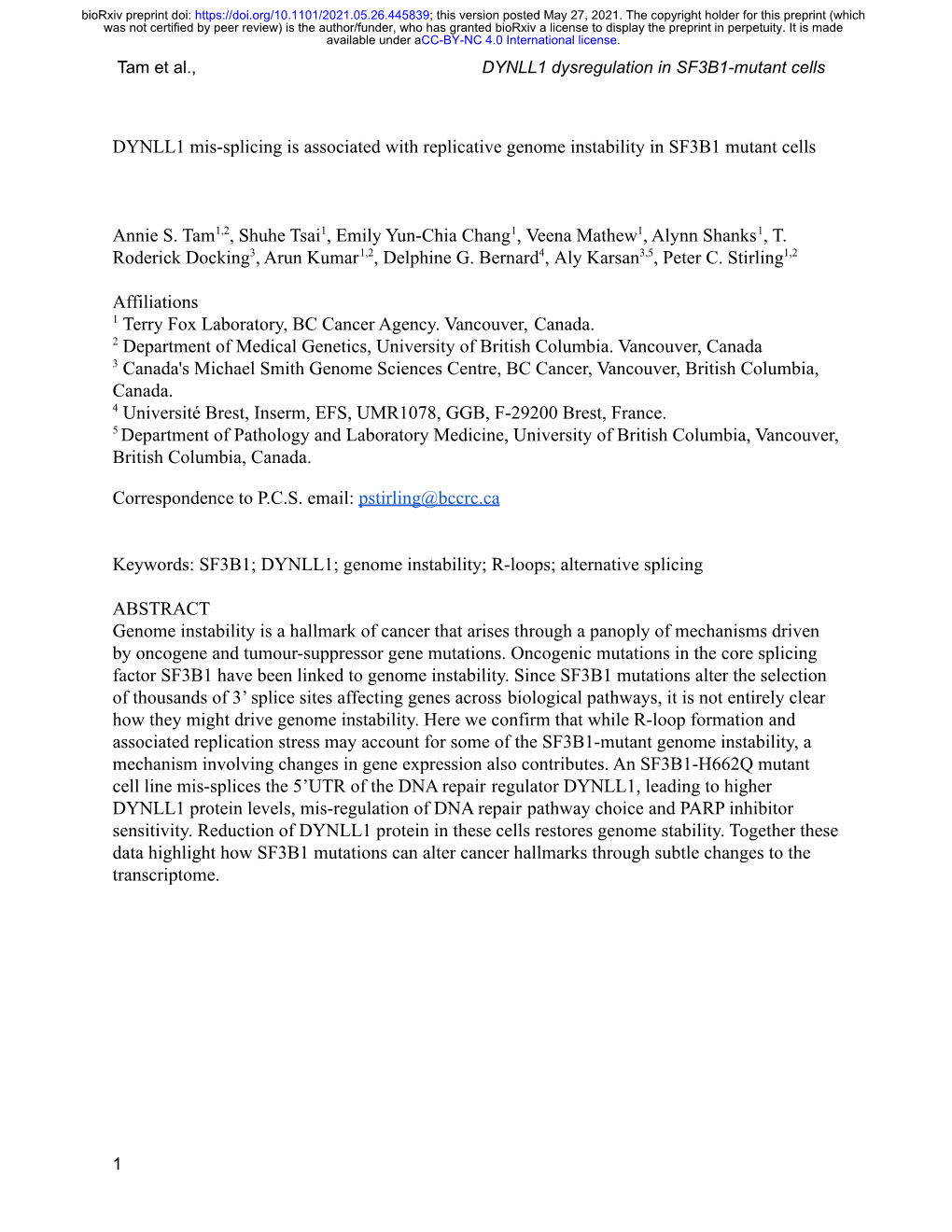 DYNLL1 Mis-Splicing Is Associated with Replicative Genome Instability in SF3B1 Mutant Cells