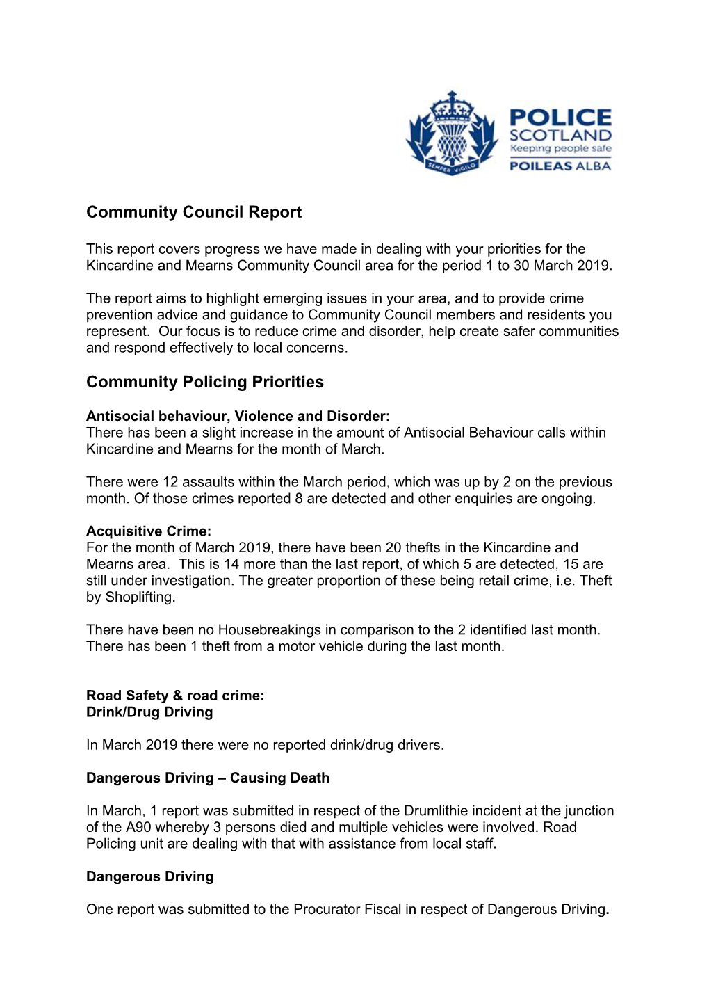 Community Council Report Community Policing Priorities