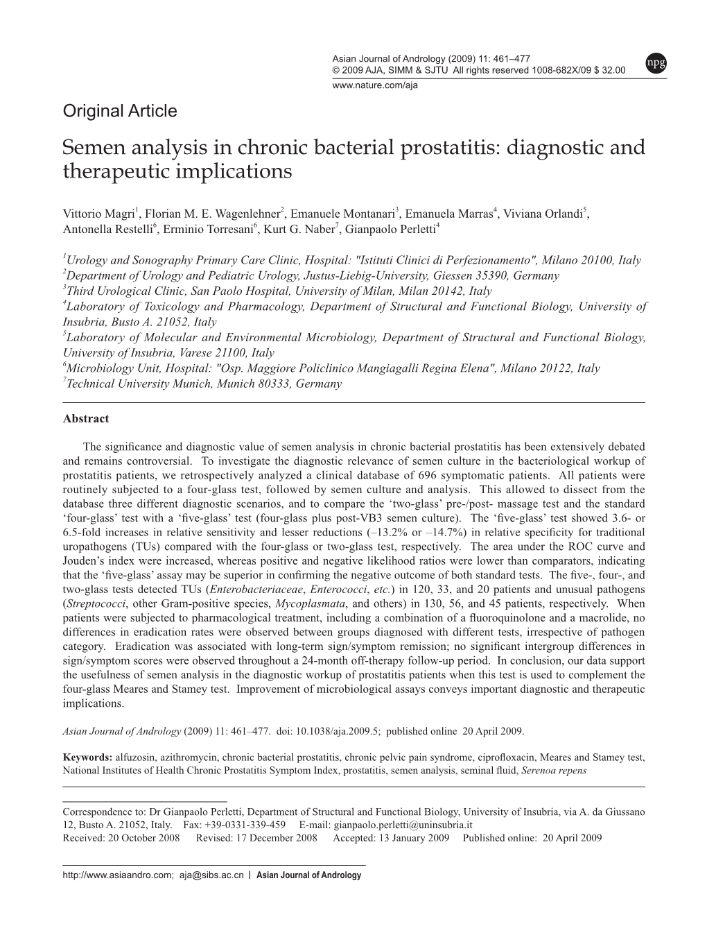 Semen Analysis in Chronic Bacterial Prostatitis: Diagnostic and Therapeutic Implications