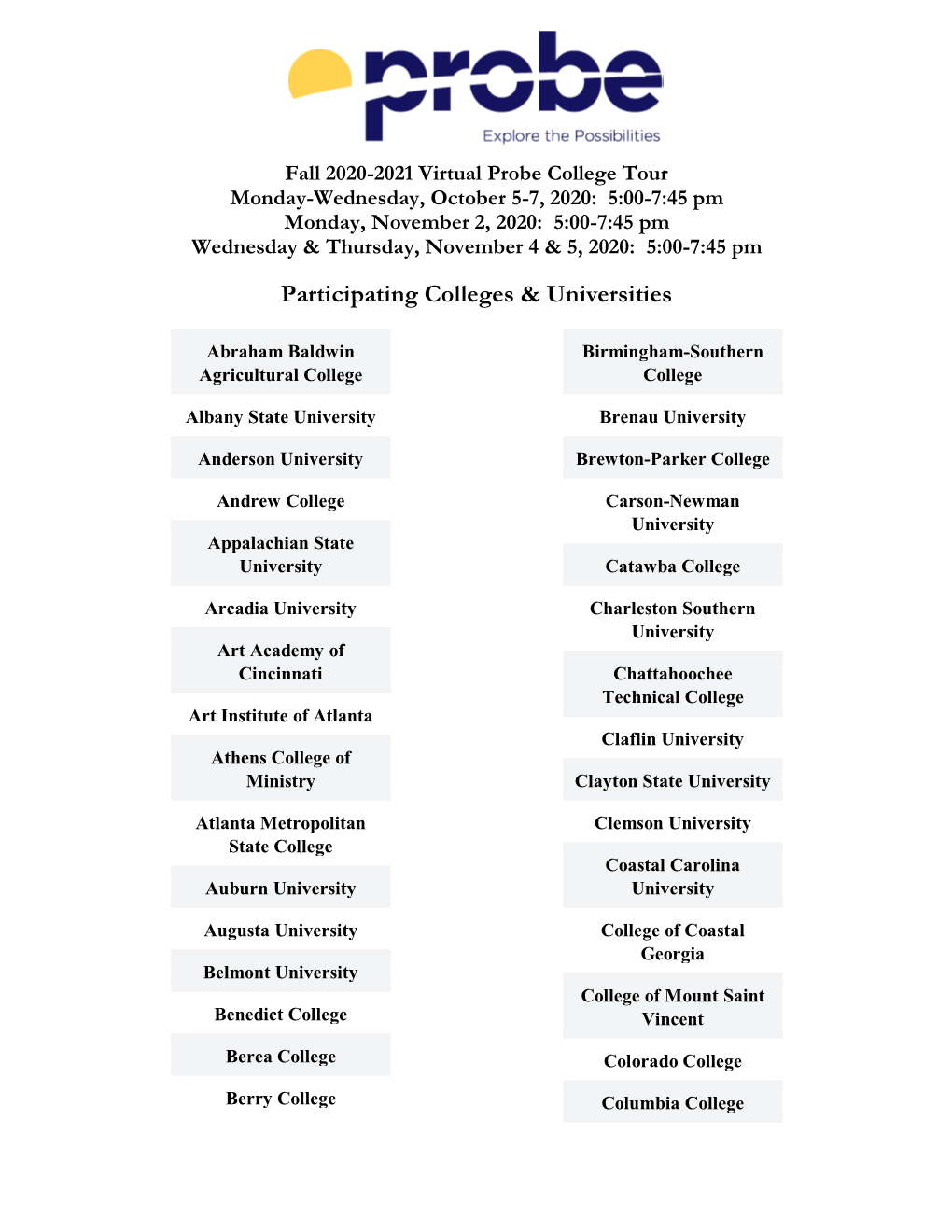Participating Colleges & Universities