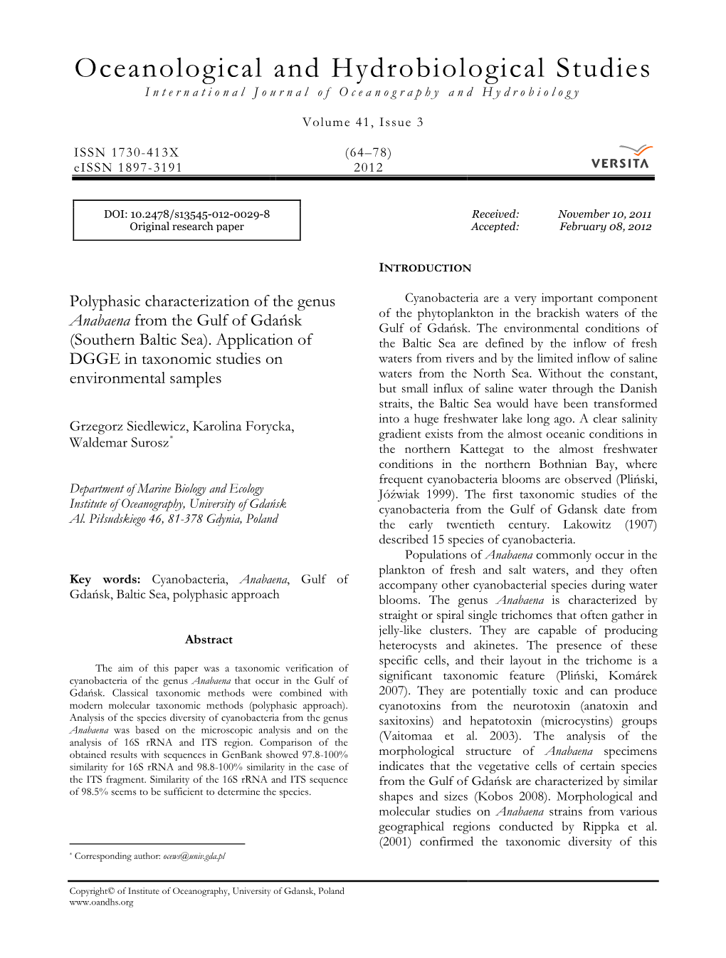 Polyphasic Characterization of the Genus Anabaena from the Gulf of Gdańsk| 65 Group of Organisms