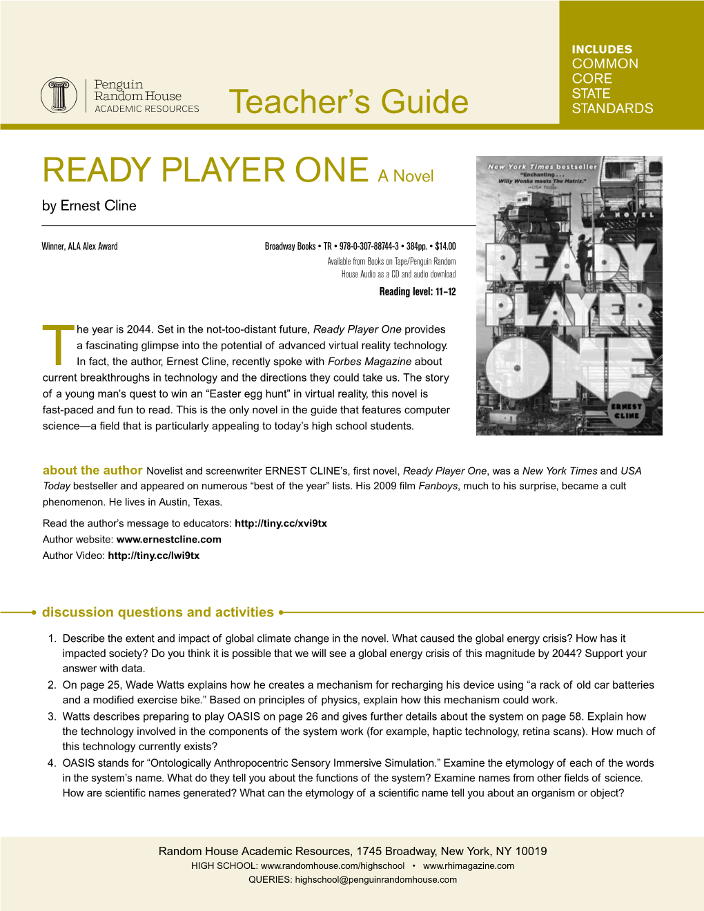 READY PLAYER ONE a Novel by Ernest Cline