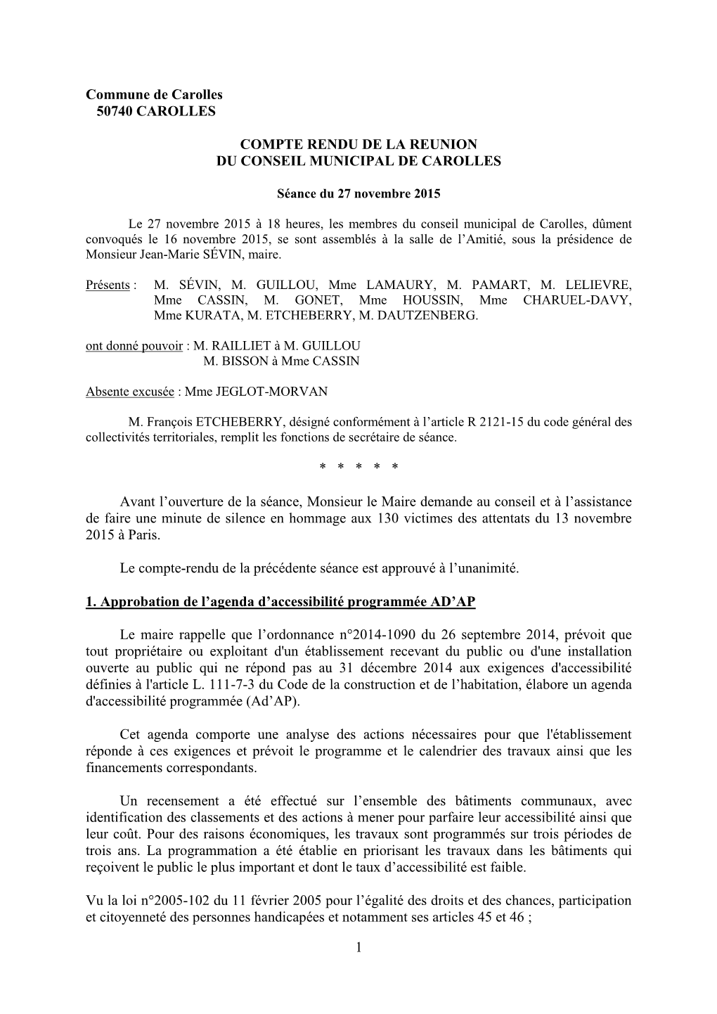 Compte-Rendu Du Conseil Municipal Du 27 Novembre 2015