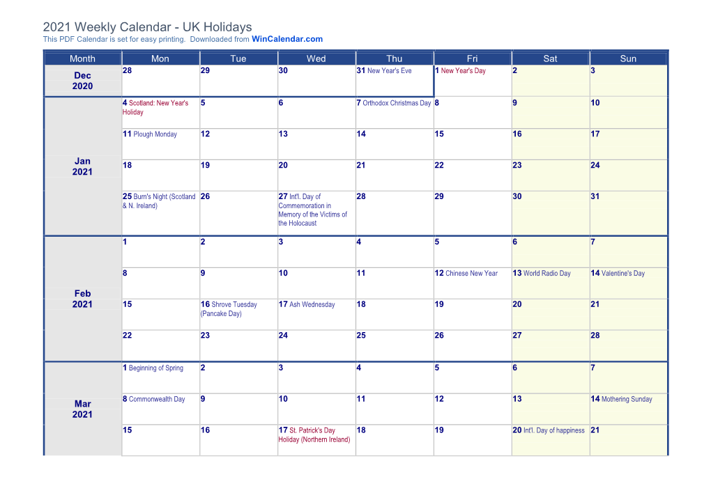 2021 Weekly Calendar - UK Holidays This PDF Calendar Is Set for Easy Printing