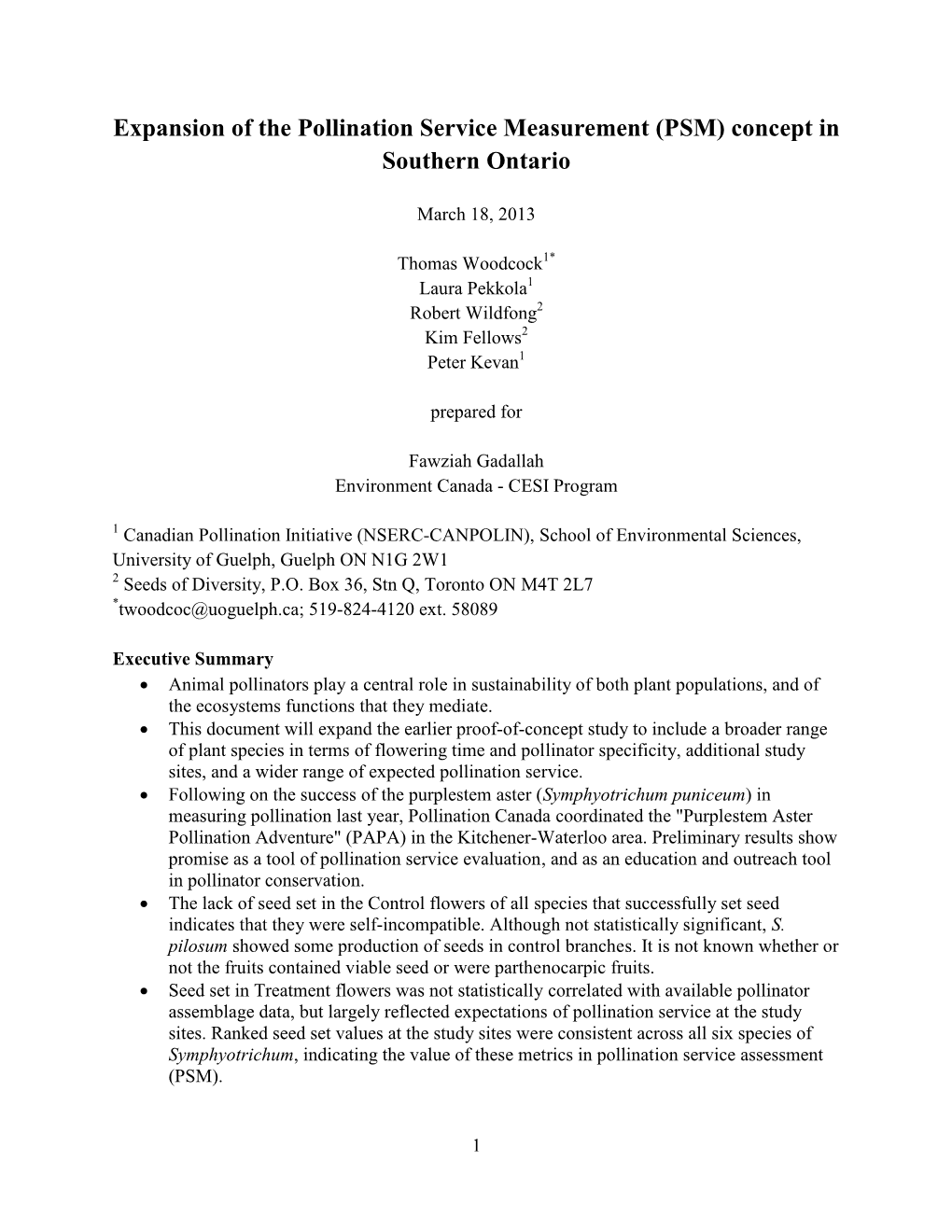 Expansion of the Pollination Service Measurement (PSM) Concept in Southern Ontario