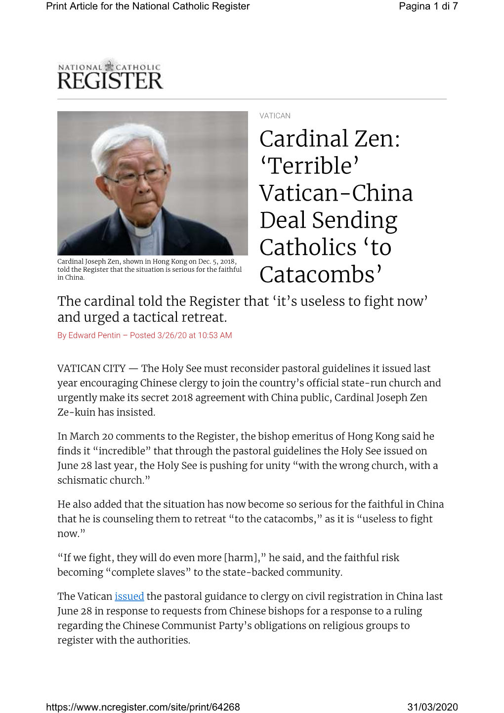 Cardinal Zen: ‘Terrible’ Vatican-China Deal Sending Catholics ‘To Cardinal Joseph Zen, Shown in Hong Kong on Dec