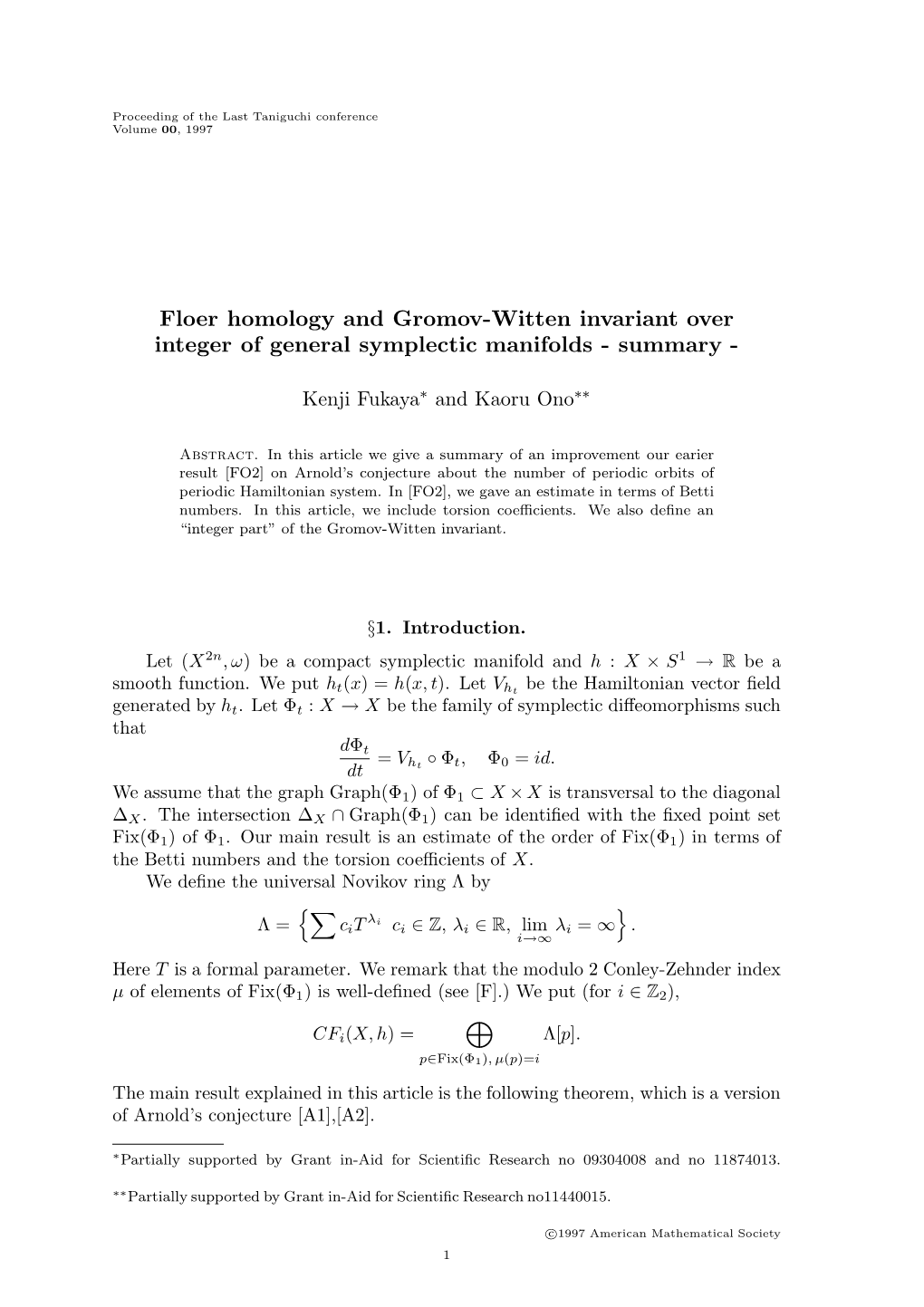 Floer Homology and Gromov-Witten Invariant Over Integer of General Symplectic Manifolds - Summary