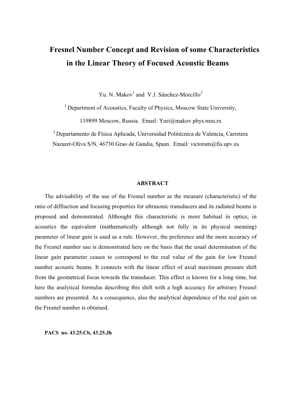 Fresnel Number Concept and Revision of Some Characteristics in the Linear Theory of Focused Acoustic Beams