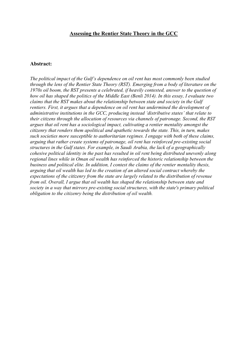 Assessing the Rentier State Theory in the GCC Abstract