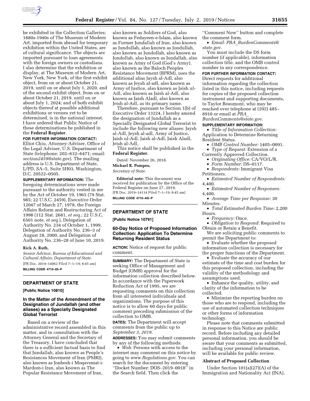 Federal Register/Vol. 84, No. 127/Tuesday, July 2, 2019/Notices