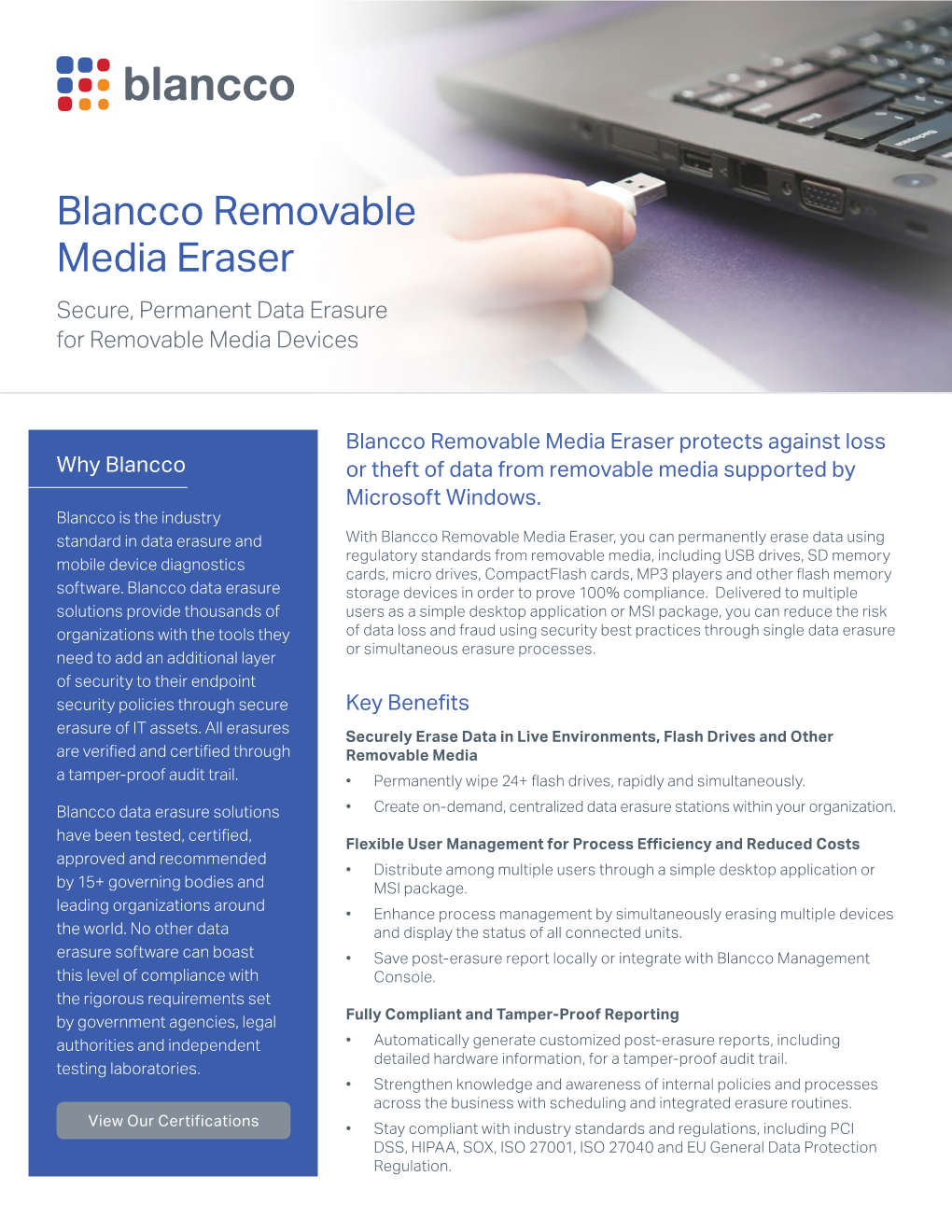 Blancco Removable Media Eraser Secure, Permanent Data Erasure for Removable Media Devices