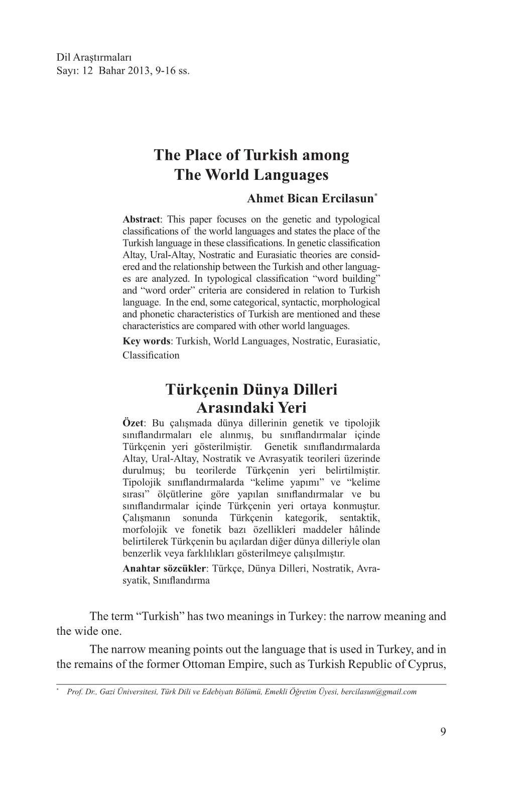 The Place of Turkish Among the World Languages Türkçenin Dünya