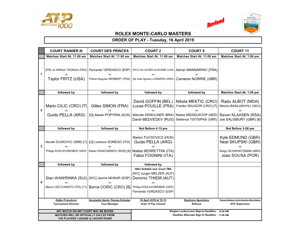 ROLEX MONTE-CARLO MASTERS ORDER of PLAY - Tuesday, 16 April 2019