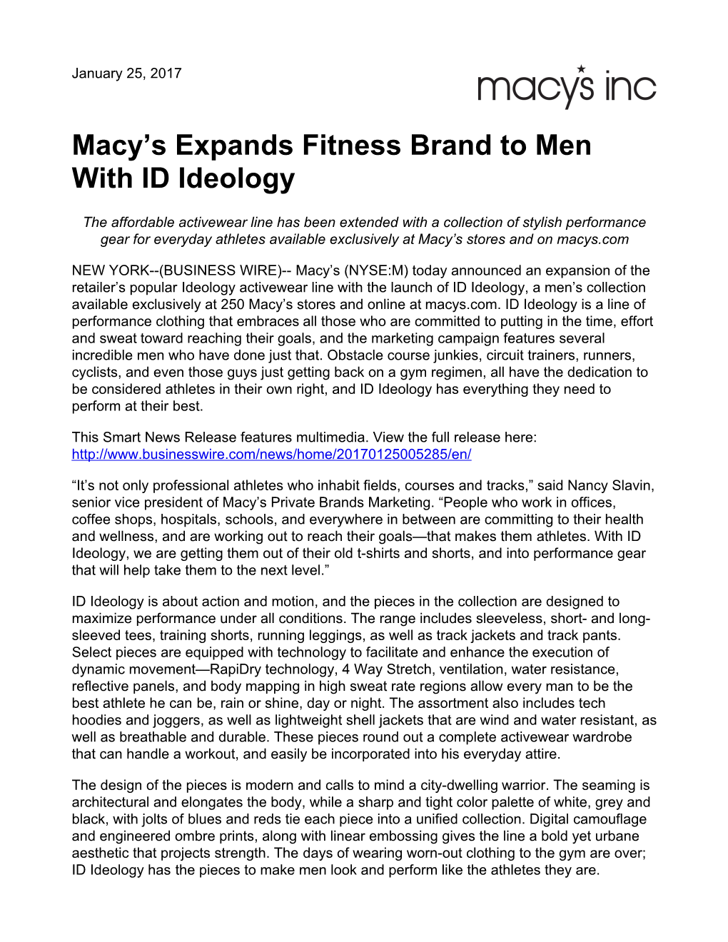 Macy's Expands Fitness Brand to Men with ID Ideology