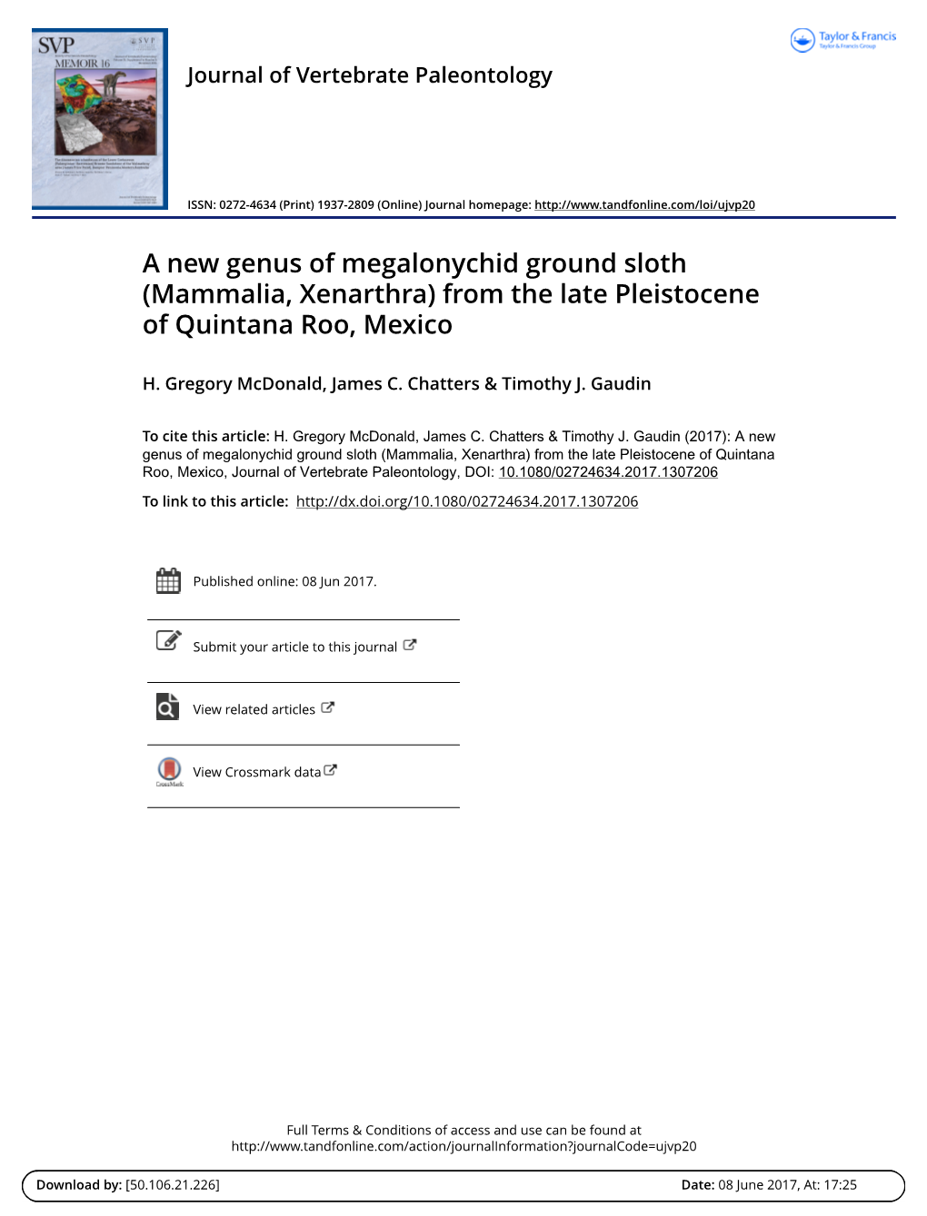 A New Genus of Megalonychid Ground Sloth (Mammalia, Xenarthra) from the Late Pleistocene of Quintana Roo, Mexico