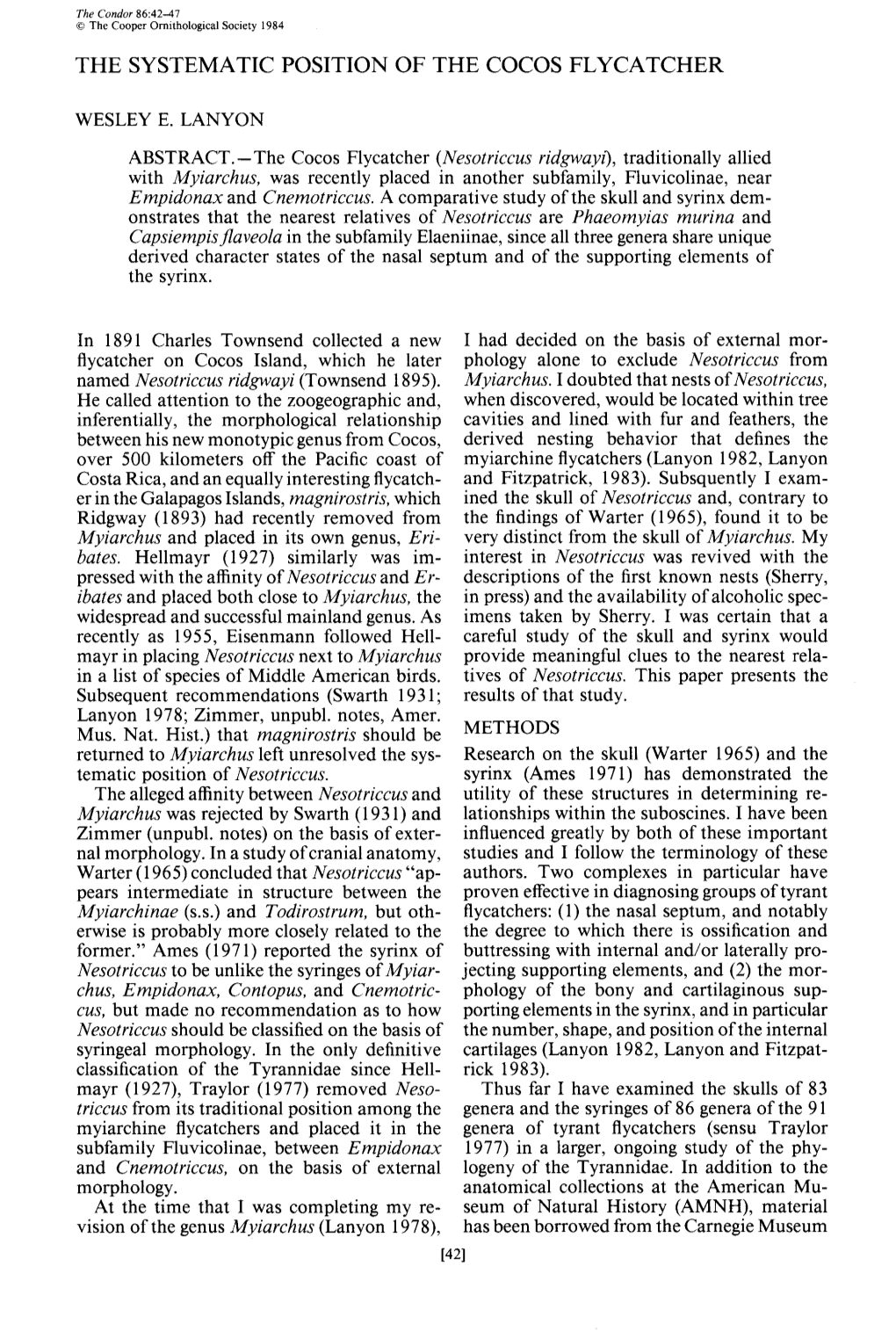 The Systematic Position of the Cocos Flycatcher