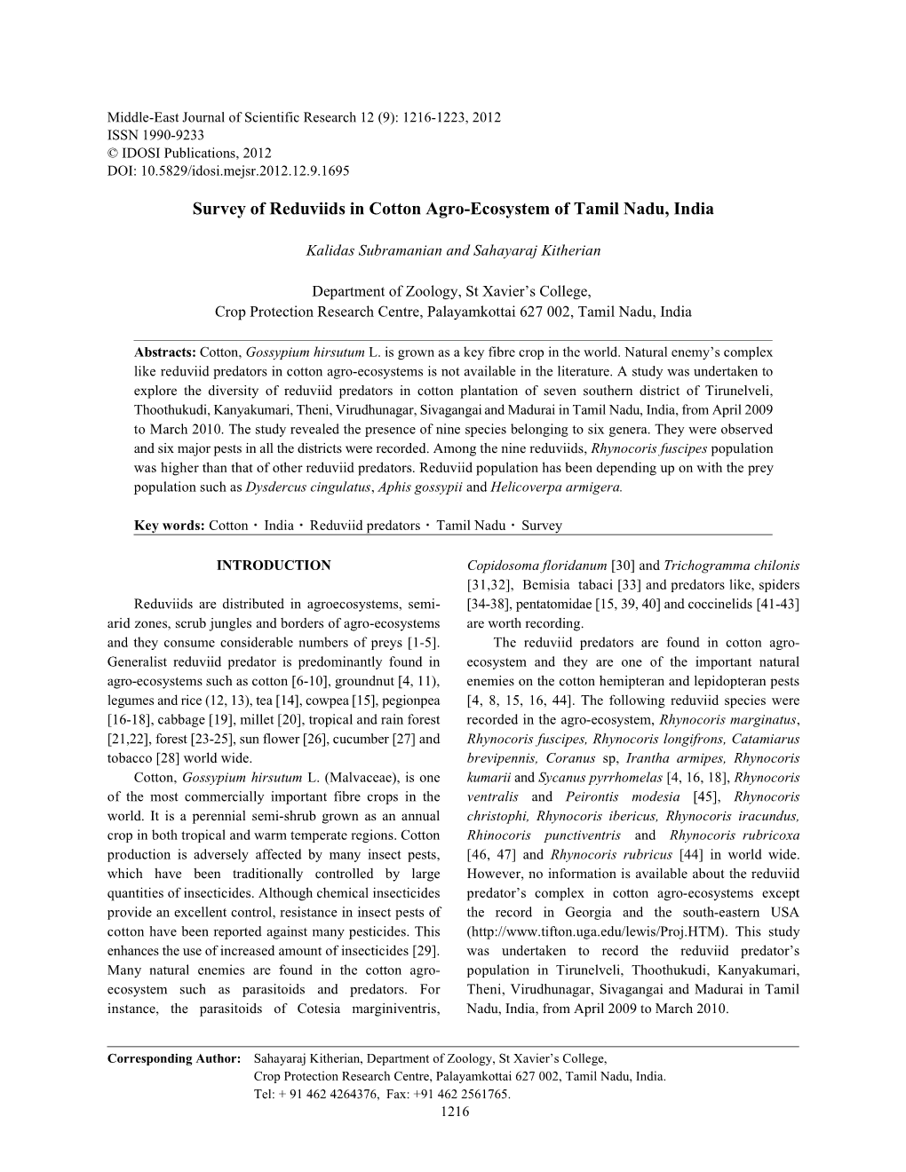 Survey of Reduviids in Cotton Agro-Ecosystem of Tamil Nadu, India