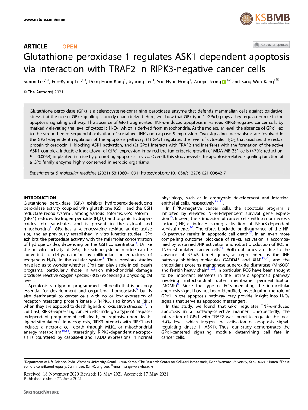 Glutathione Peroxidase-1 Regulates ASK1-Dependent Apoptosis Via Interaction with TRAF2 in RIPK3-Negative Cancer Cells