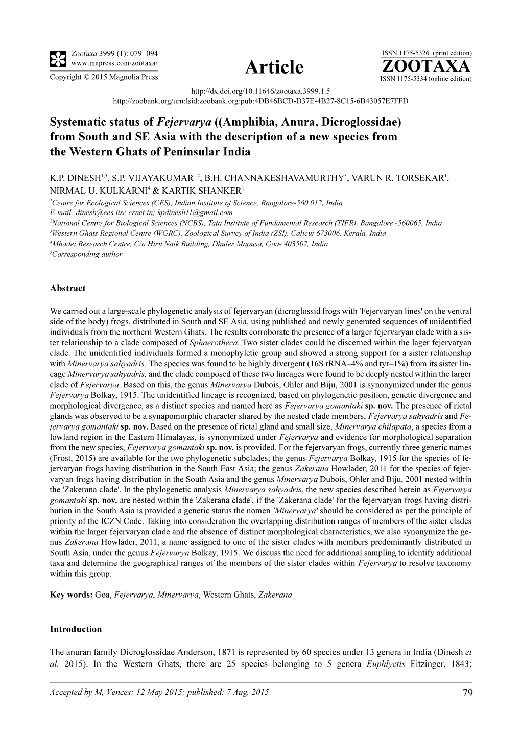 Systematic Status of Fejervarya ((Amphibia, Anura, Dicroglossidae