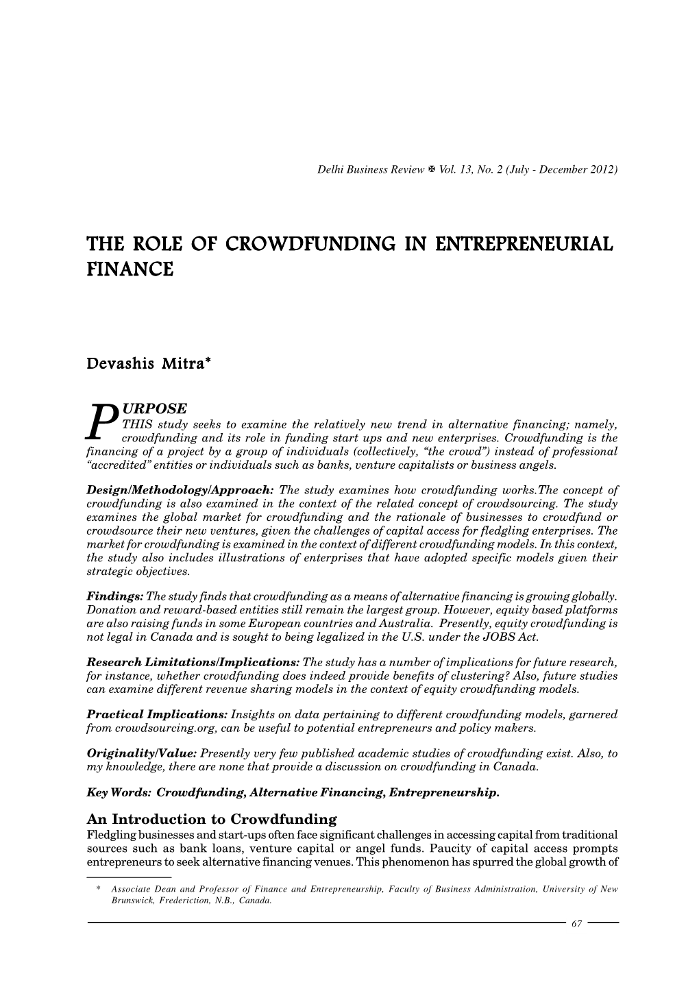 The Role of Crowdfunding in Entrepreneurial Finance