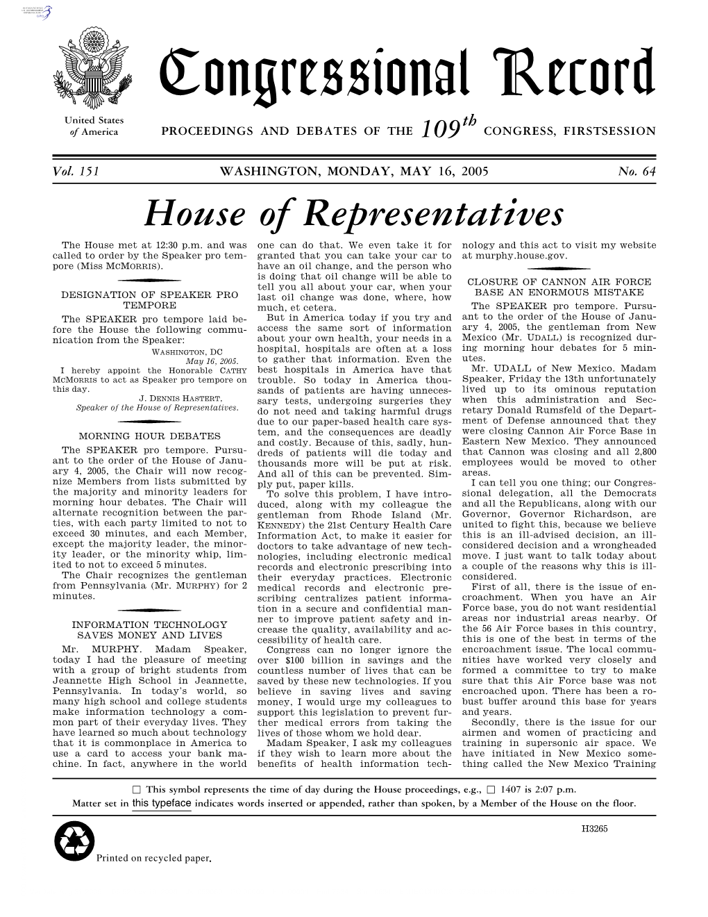 Congressional Record United States Th of America PROCEEDINGS and DEBATES of the 109 CONGRESS, FIRSTSESSION