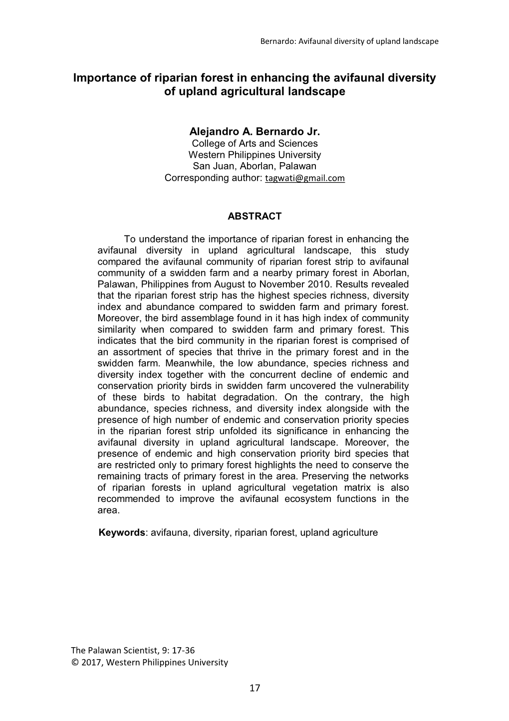 (2017). Importance of Riparian Forest in Enhancing the Avifaunal Diversity Of