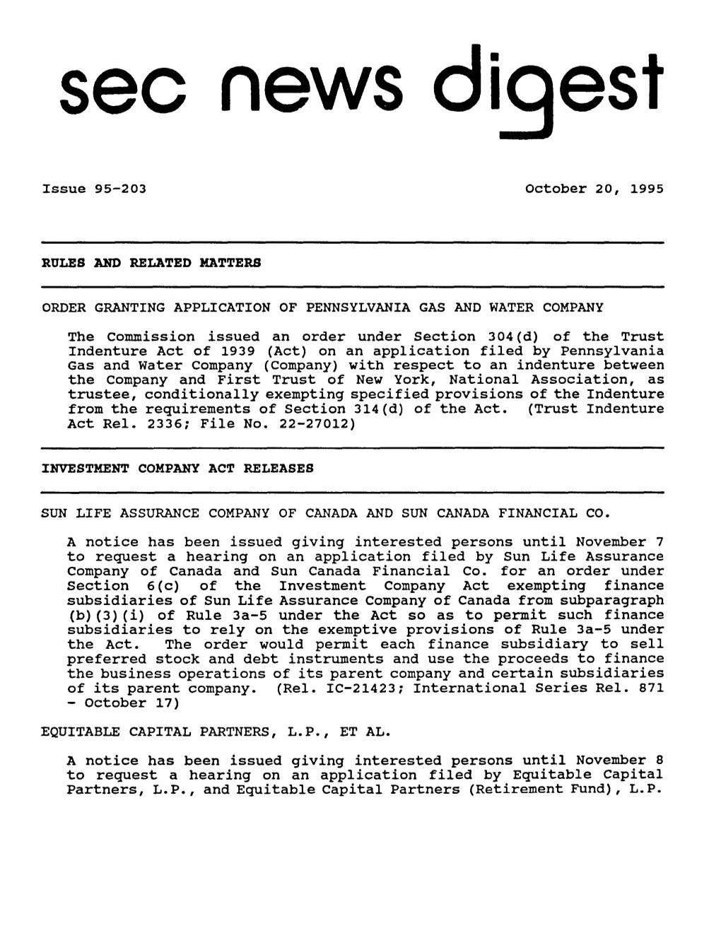 SEC News Digest, 10-20-1995