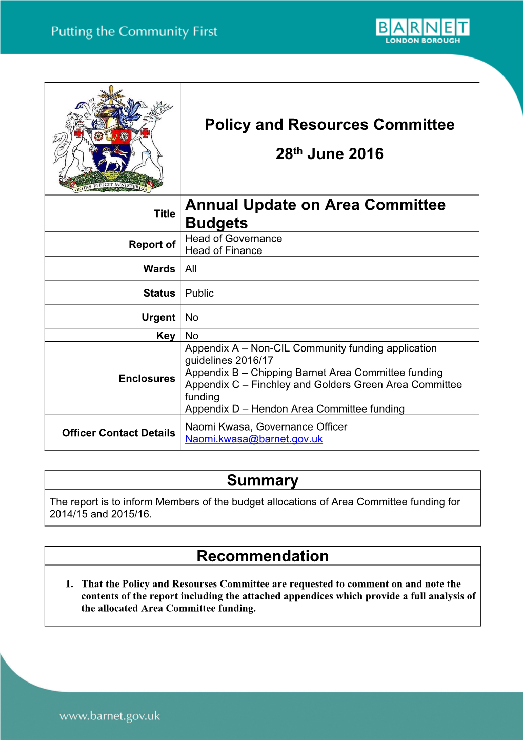 Annual Update on Area Committee Budgets