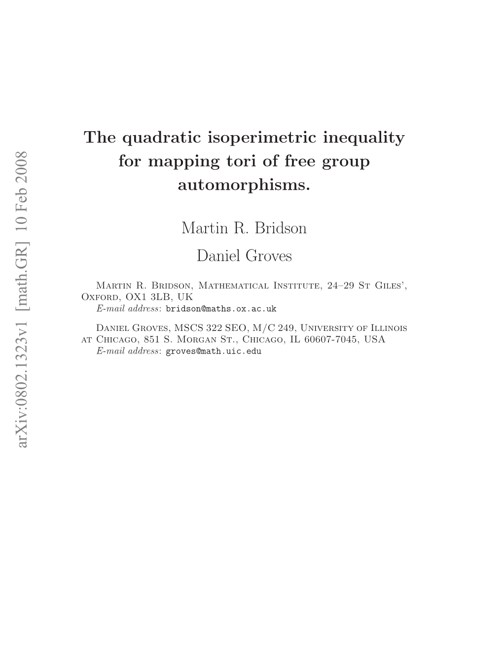 The Quadratic Isoperimetric Inequality for Mapping Tori of Free Group