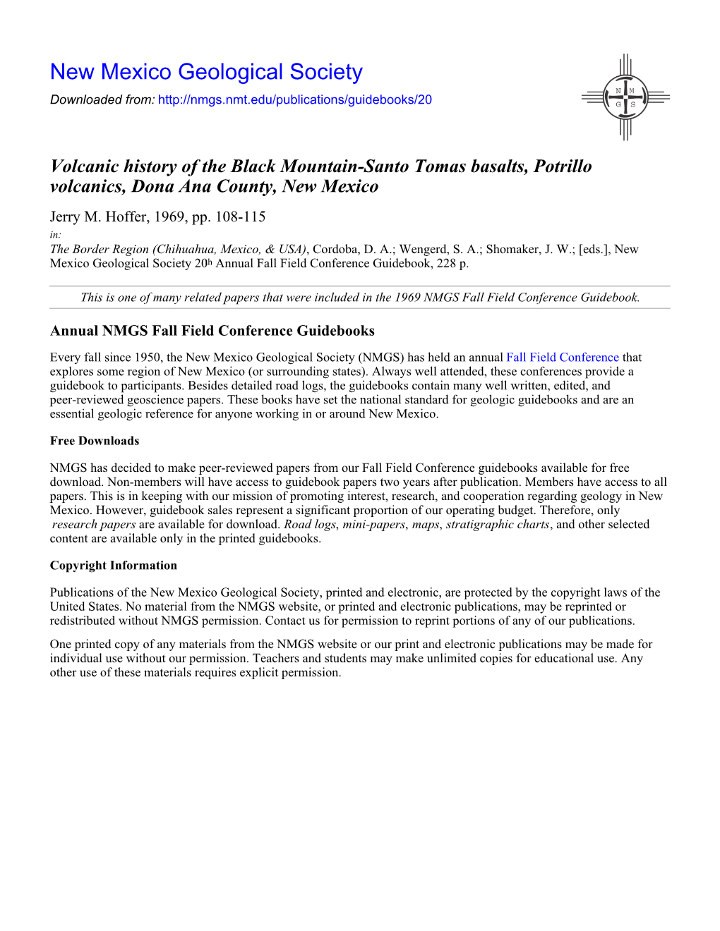 Volcanic History of the Black Mountain-Santo Tomas Basalts, Potrillo Volcanics, Dona Ana County, New Mexico Jerry M
